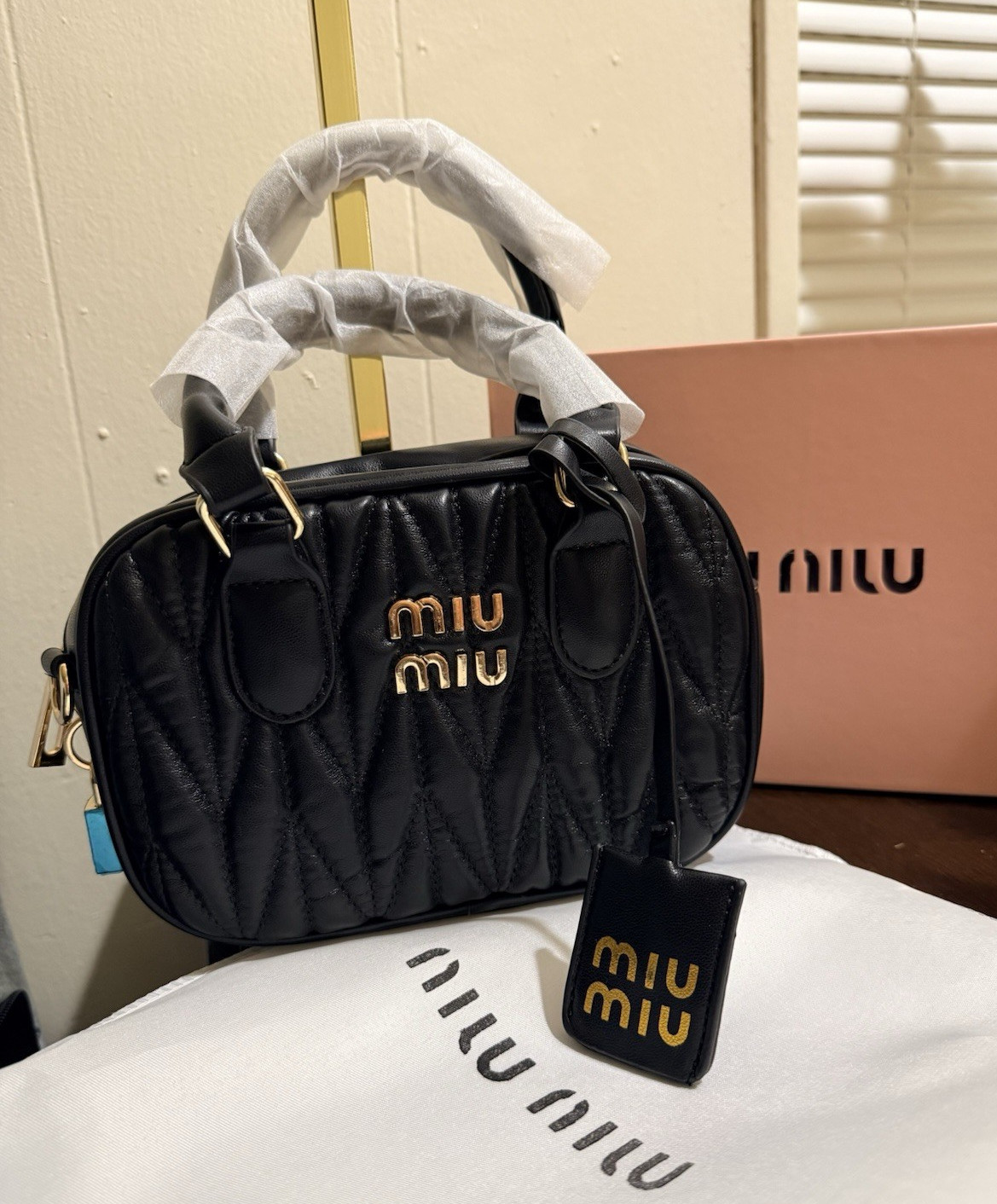 Miu Miu Black Small Quilted Top Handle Crossbody Gold Hardware Zip Dust Bag
