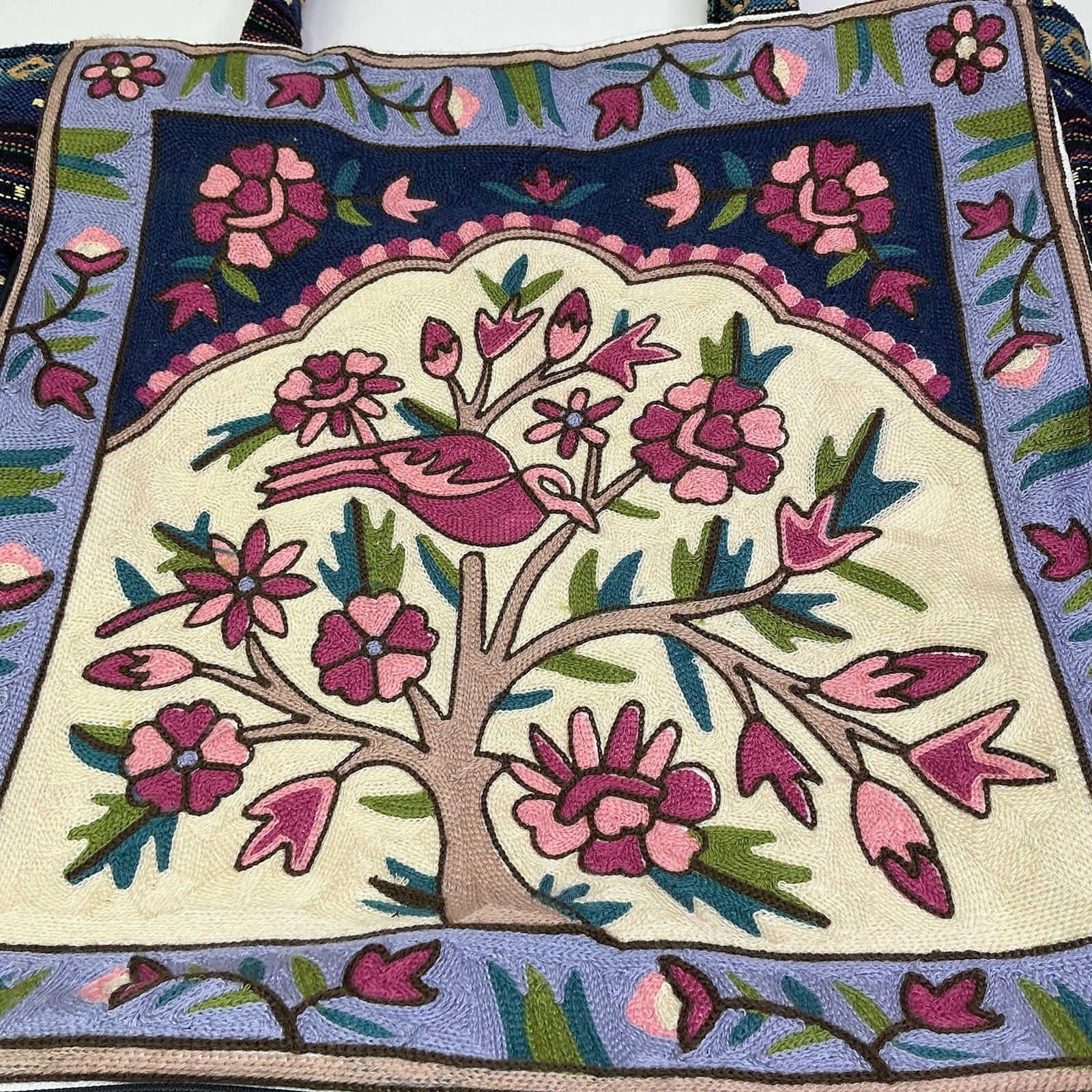 Bird Embroidered Tapestry Canvas Tote Bag Lined Zip Closure 18 X 16”