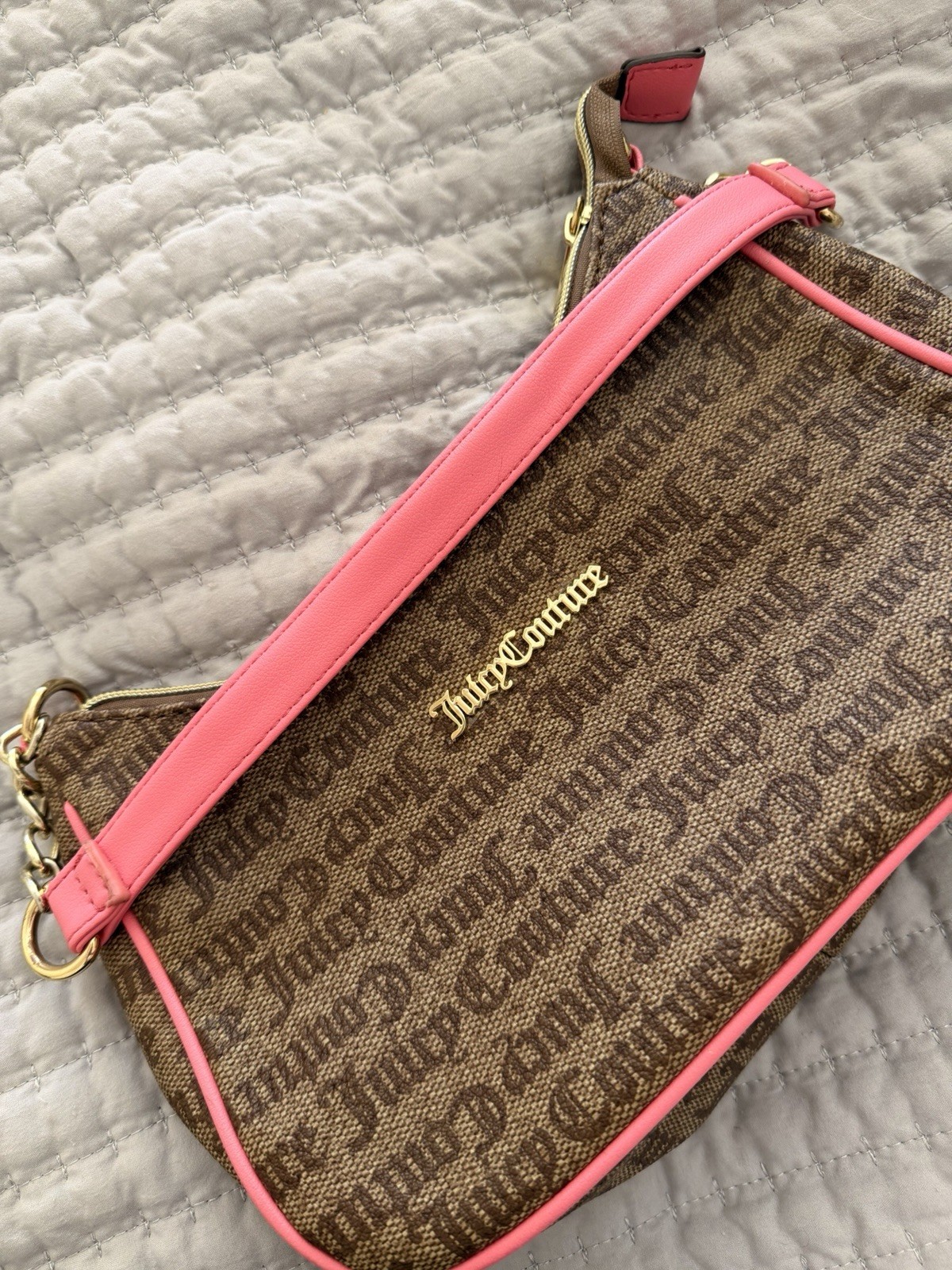 Juicy Couture Logo Brown Pink Shoulder Bag with Pink Strap and Gold Hardware