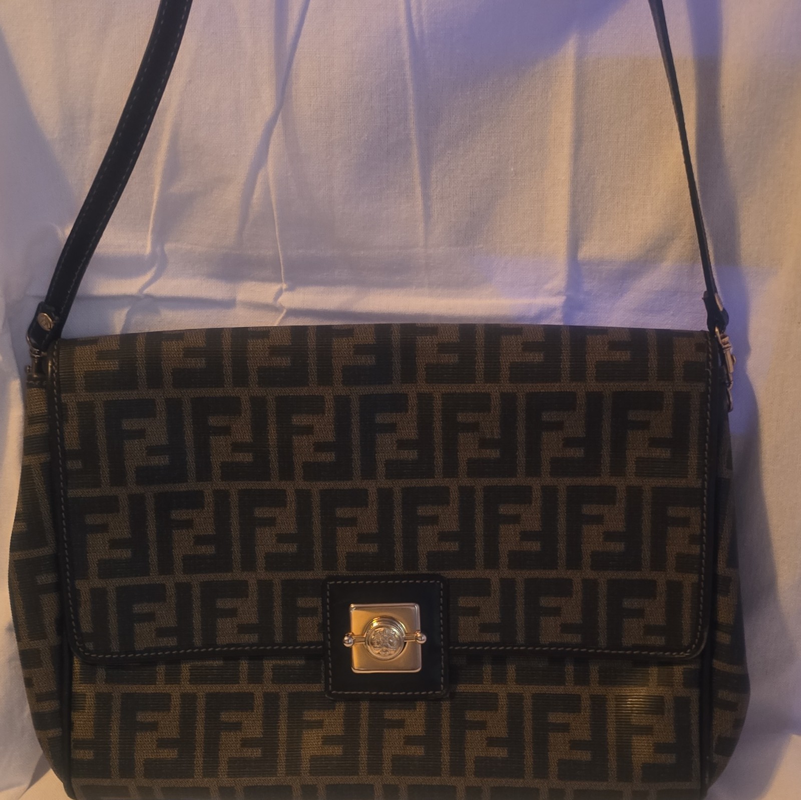 Fendi Monogram Shoulder Bag Brown/Black w/ Gold Hardware Turn Lock Closure