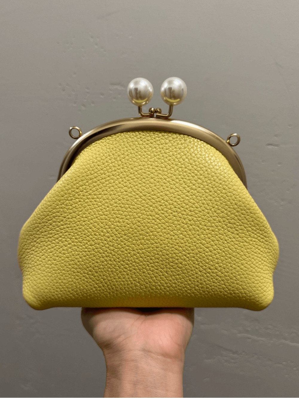 Yellow Togo Calfskin Handmade Vintage Kisslock Clutch, Wristlet, Crossbody