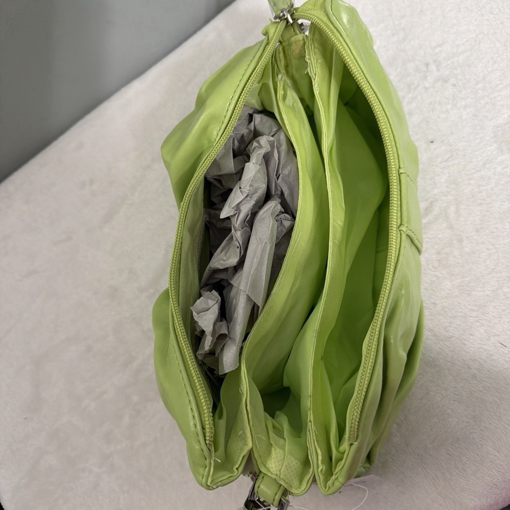 Green Pleated Ruched Shoulder Bag Purse w/ Zip Closure, Detachable Strap, Lined