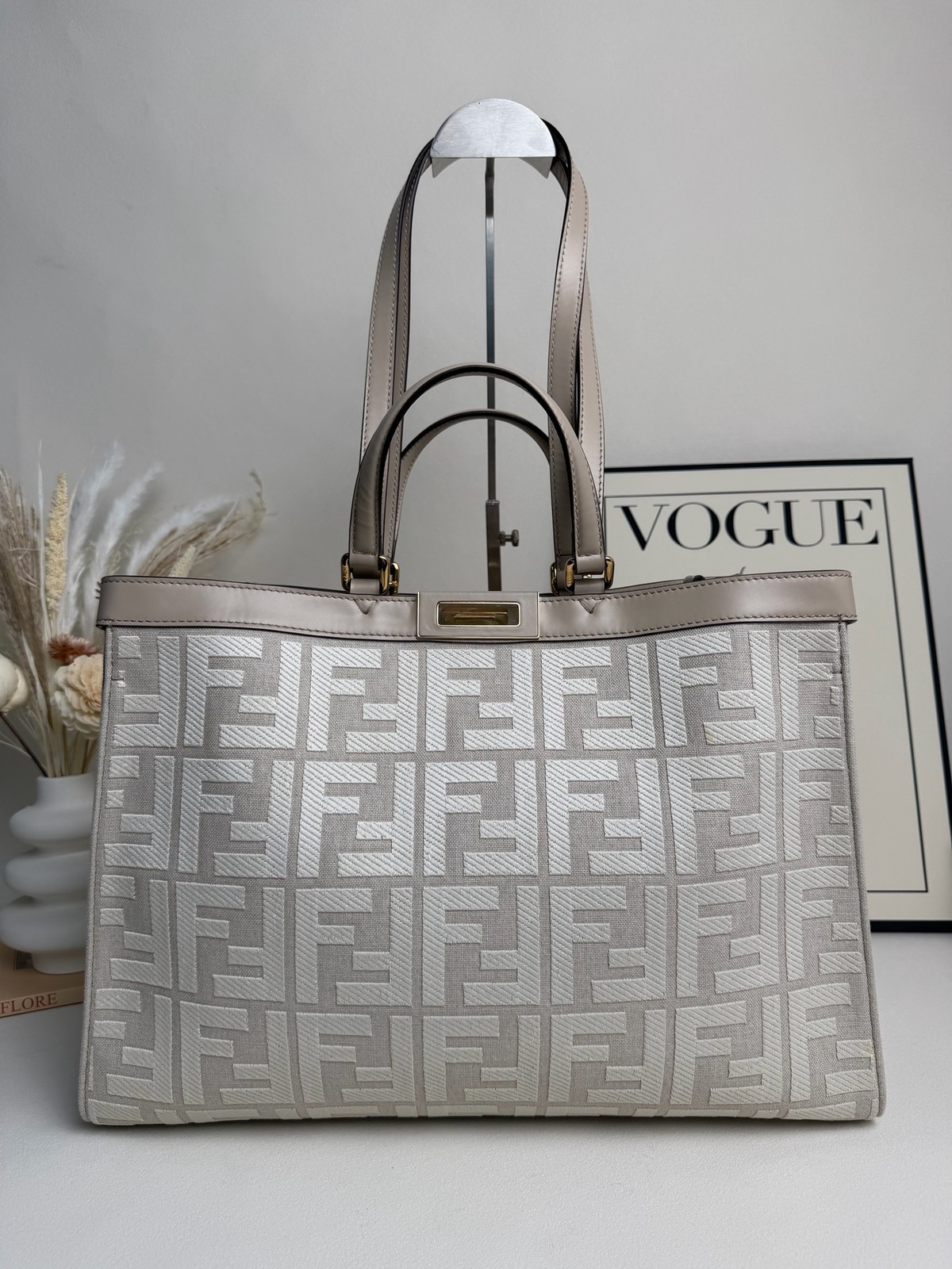 Fendi Pale Grey FF Jacquard Canvas Tote Taupe Leather Trim Gold HW