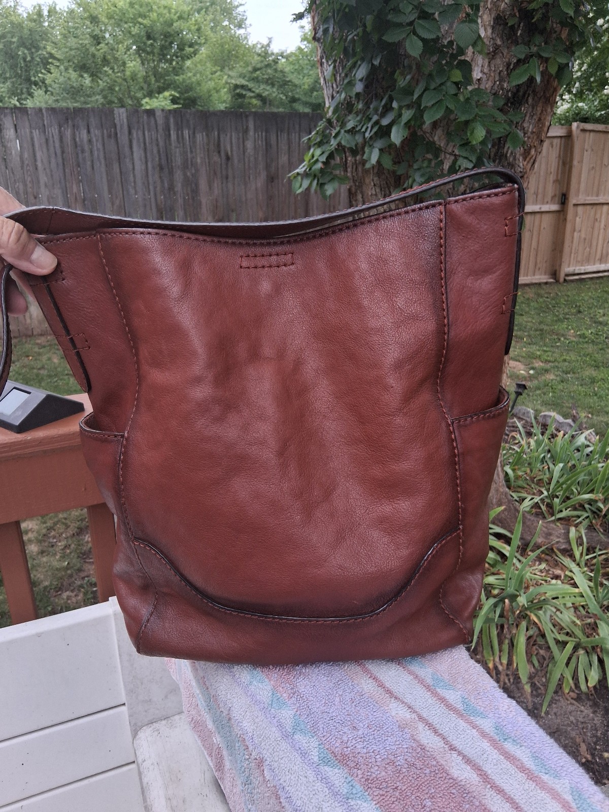 FRYE LENA SIDE POCKET LEATHER COGNAC HOBO TOTE SHOULDER HANDBAG DB323