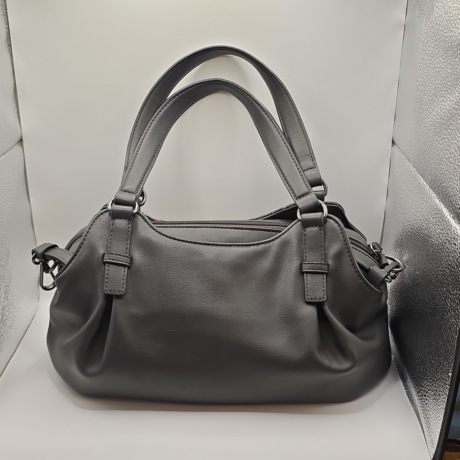 Simply Vera Vera Wang Gray Floral Satchel Top Handle Zip Lined Detachable Strap
