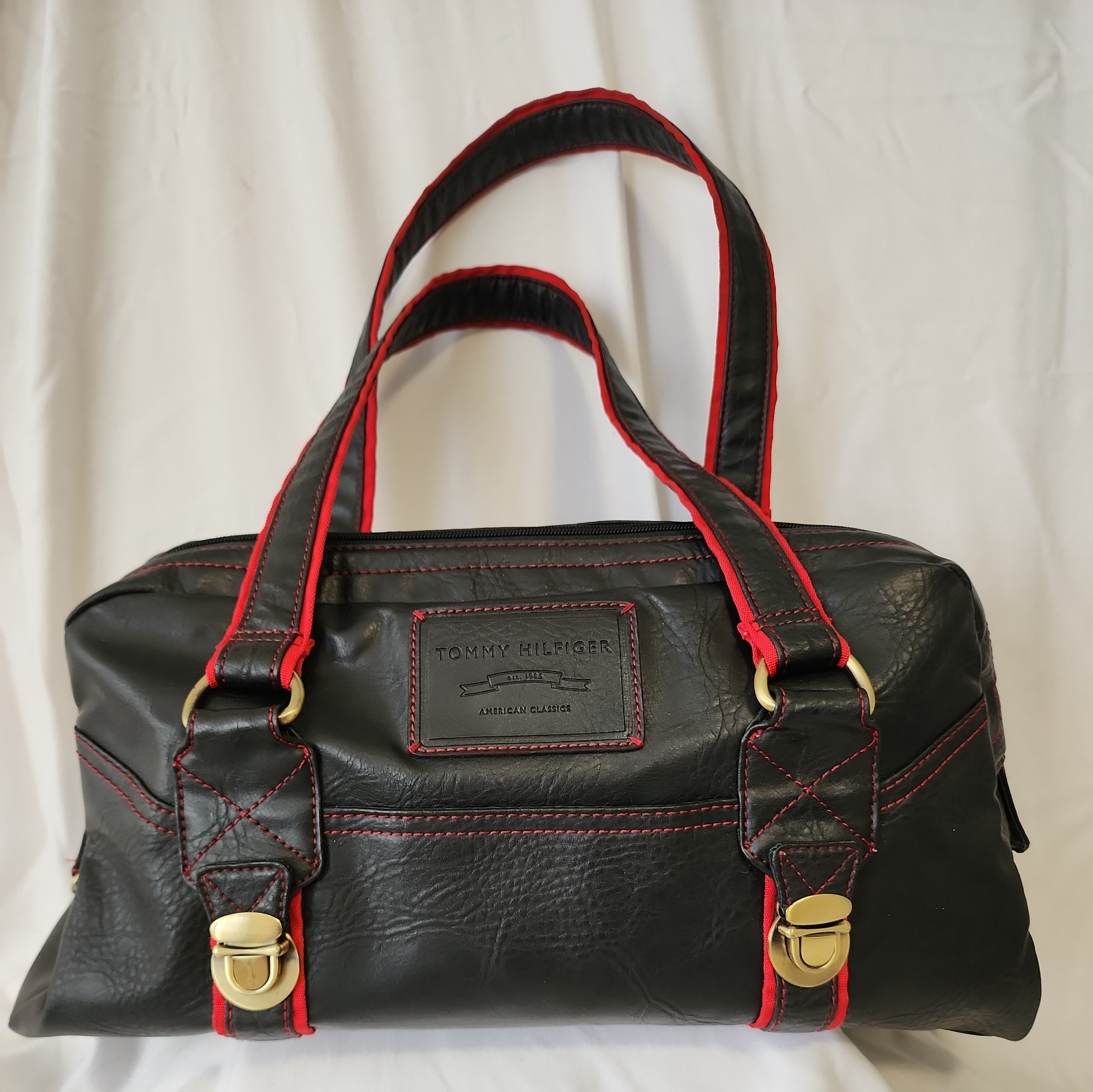 Tommy Hilfiger American Classic Tote Purse Black with Red stitching 17″ long