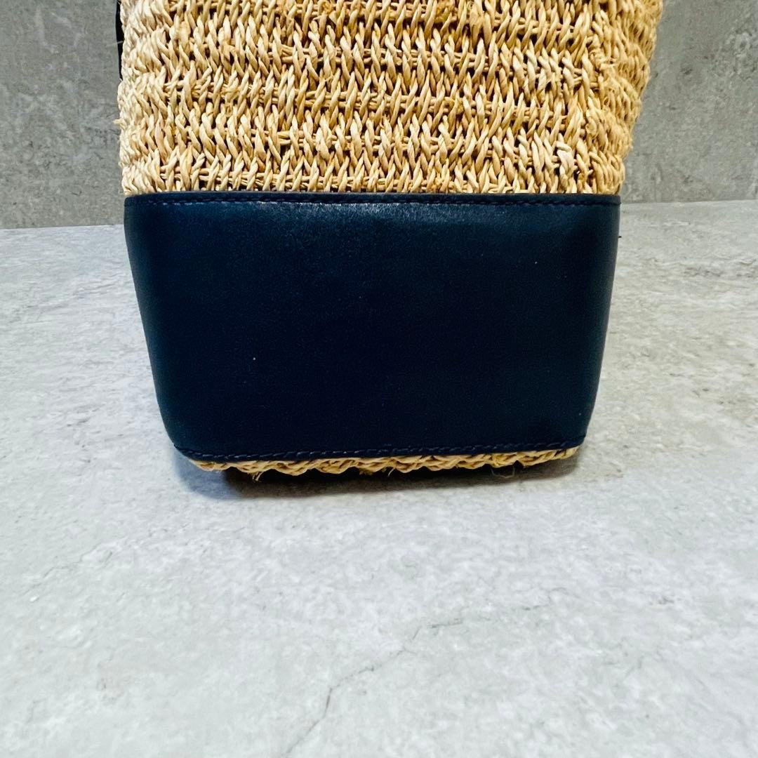 Tory Burch Ella Straw Tote Bag Large Woven Raffia Leather Navy 17.3×12.2×5.9in