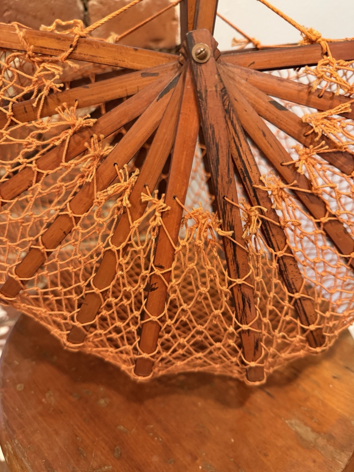 Vtg 1950s Japanese Folding Bamboo Basket Purse Orange Fishnet Collapsible Bag