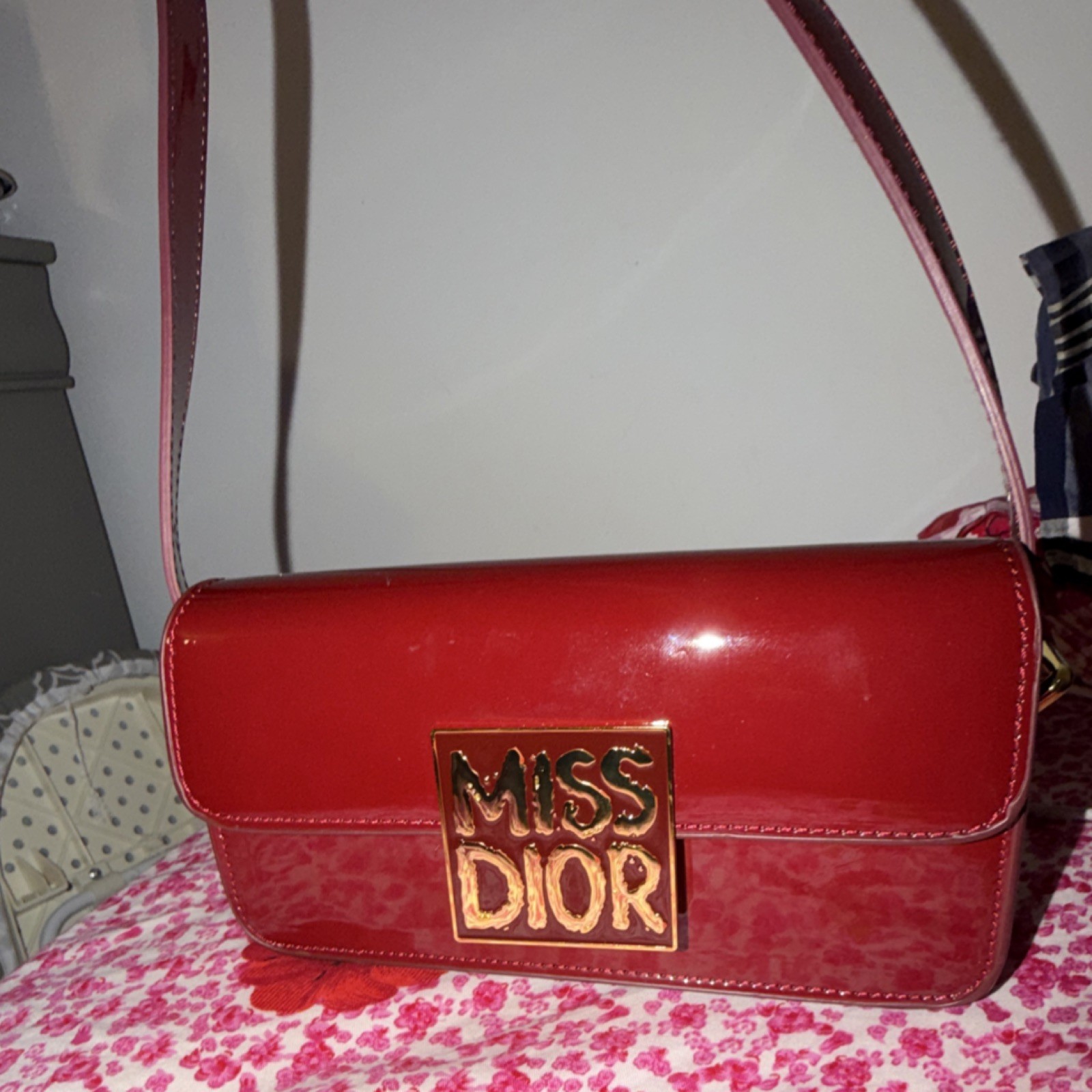 Dior Miss Dior Red Patent Shoulder Bag with Gold-Tone Hardware Logo