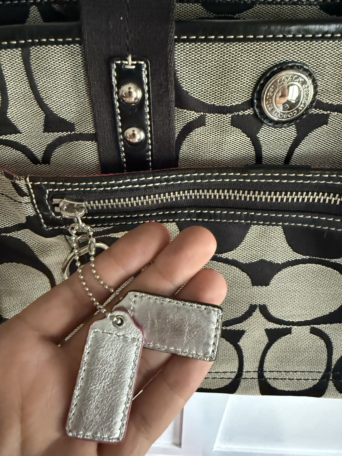 Coach Signature Logo Black Gray Canvas Shoulder Bag Hot Pink Lining Charm Silver