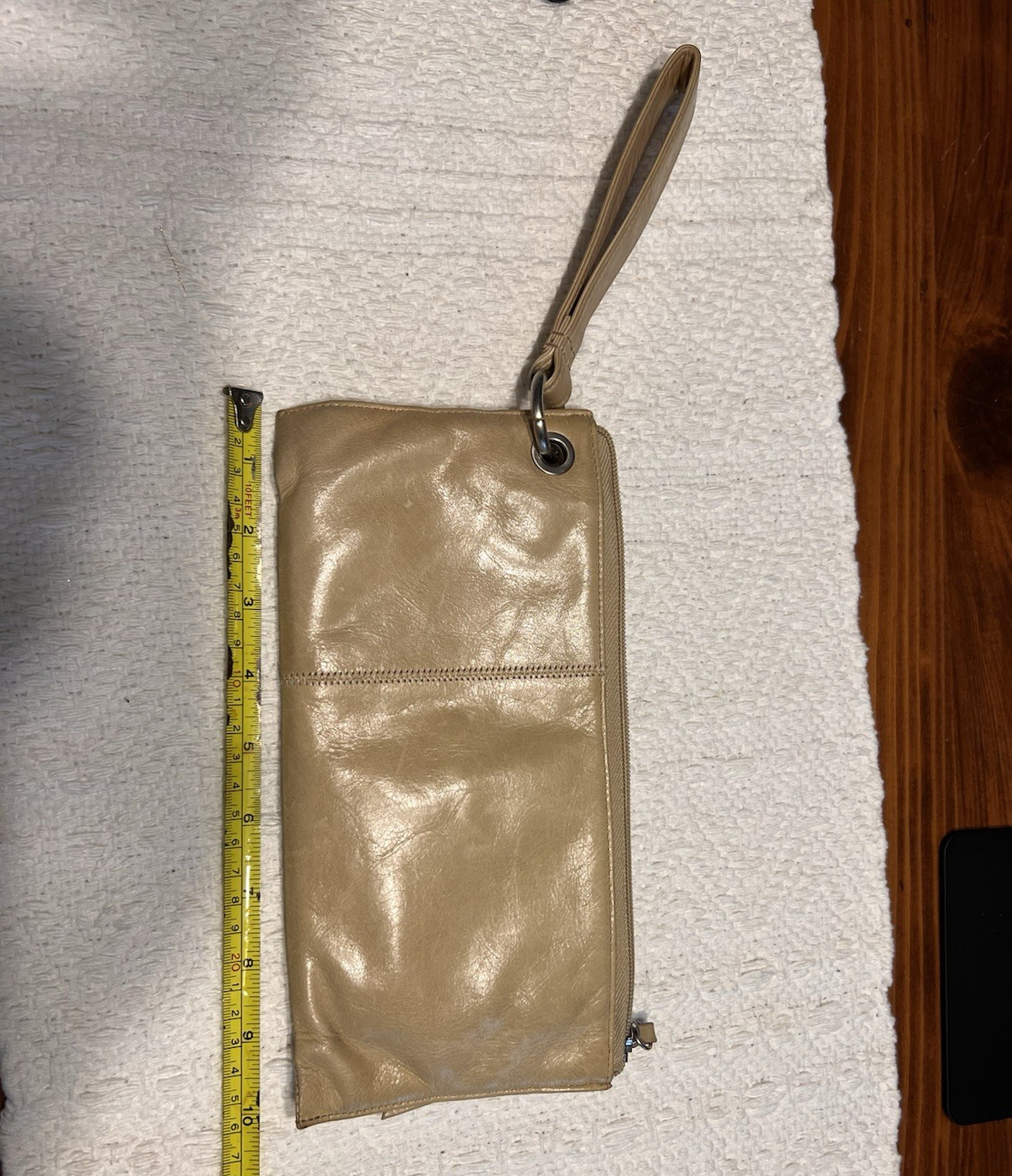 HOBO Women’s Beige Wristlet Zip Clutch Wrist Strap Inner Pockets Silver