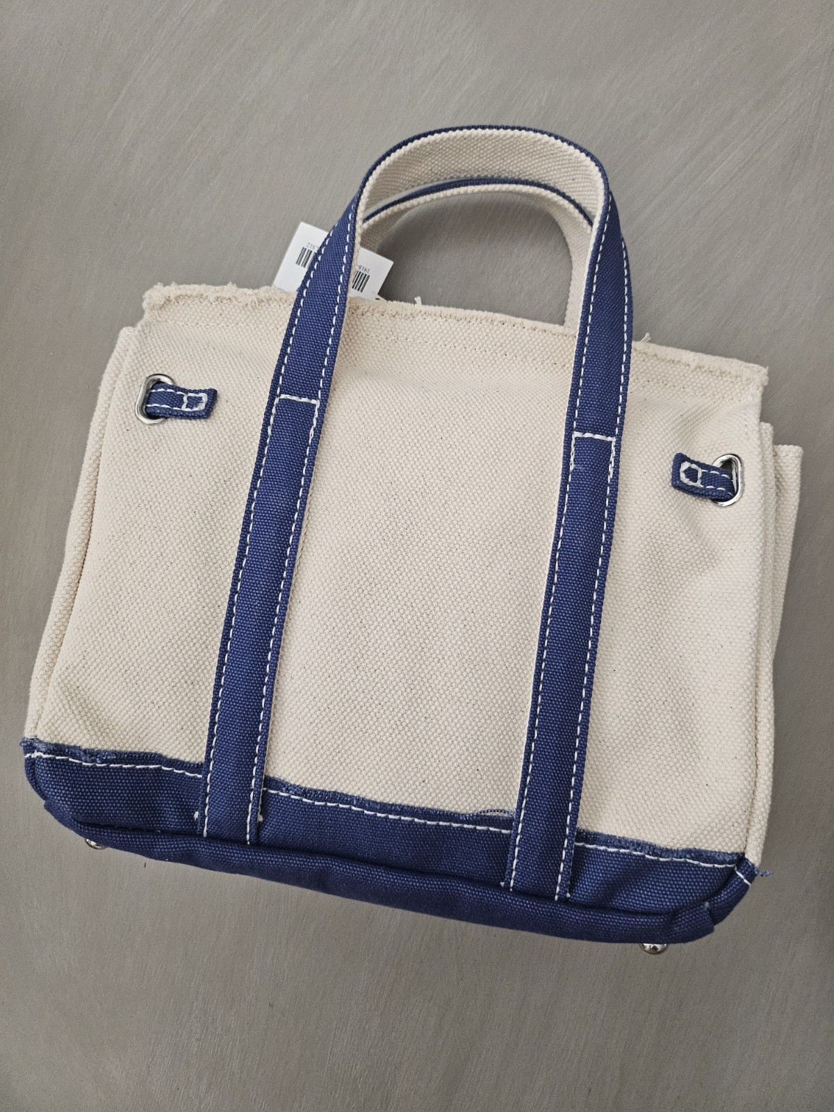 Sunwin Canvas Belted Tote Bag Cream Blue Trim Raw Edge Satchel