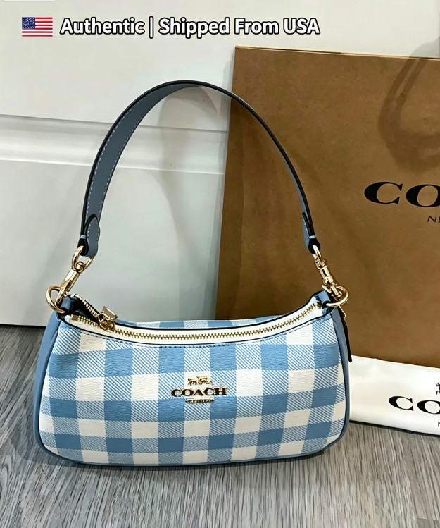 Coach Teri 25 Gingham Check Shoulder Bag Blue White Canvas Handbag