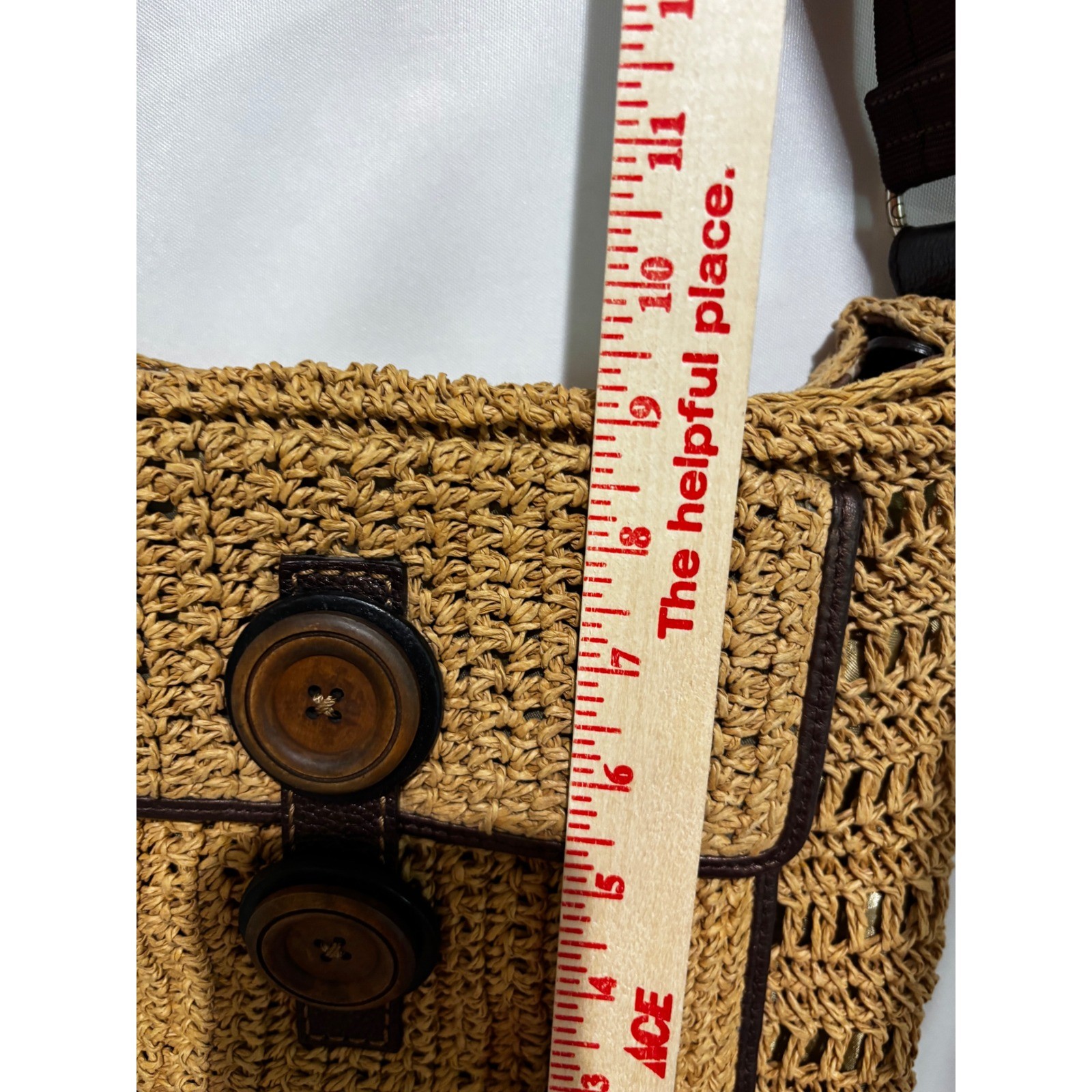 Brighton Woven Raffia Straw Crossbody purse Bag Tan Wood Buttons Heart Logo boho