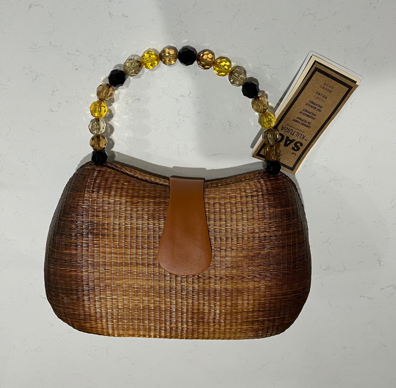 Le Sac Handmade Purse Buri palm tree rattan, straw cane woven style bag, NWT