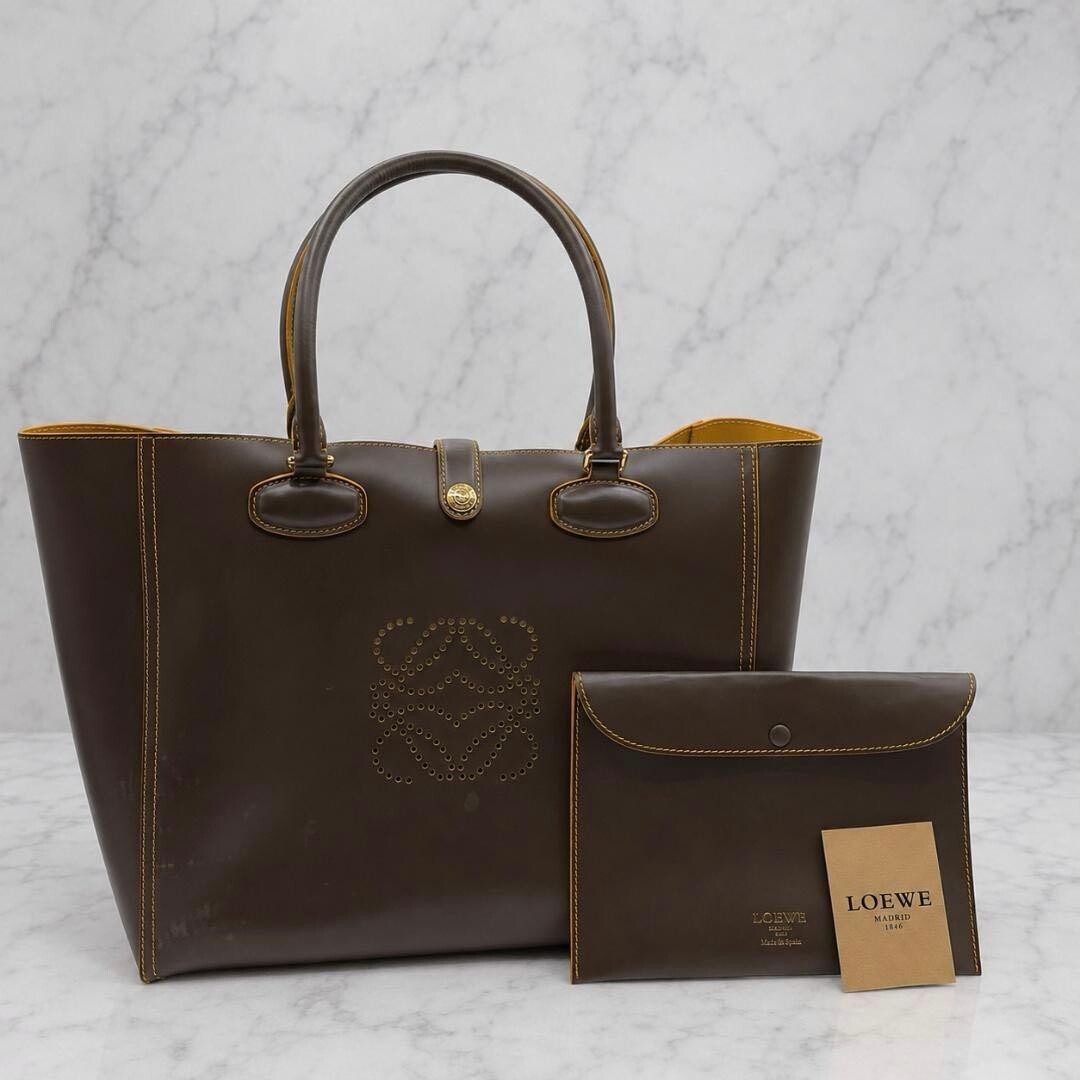 LOEWE Handbag Anagram Leather Brown Vintage Authentic From Japan