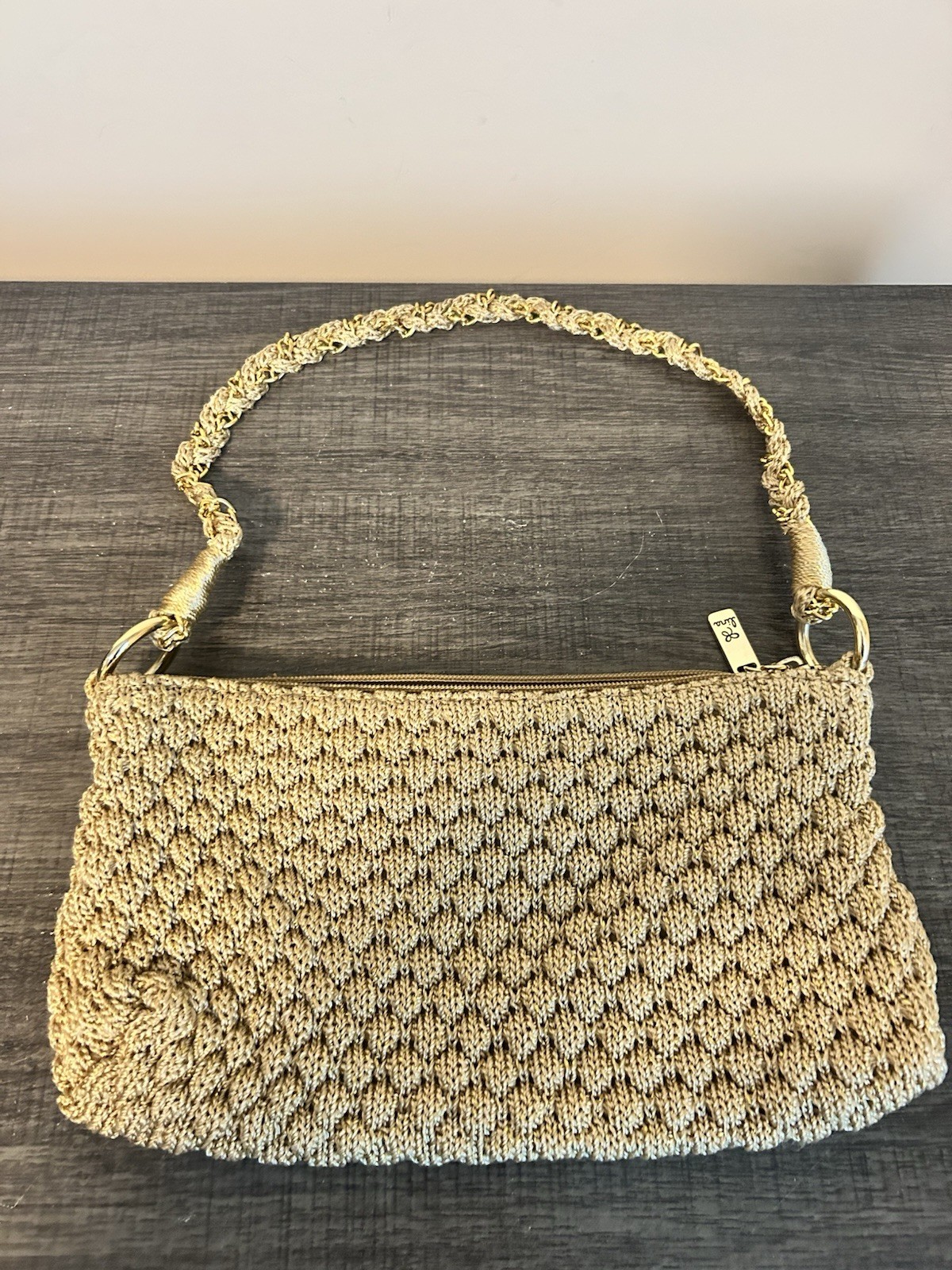Lina Beige Metallic Woven Crochet Shoulder Bag