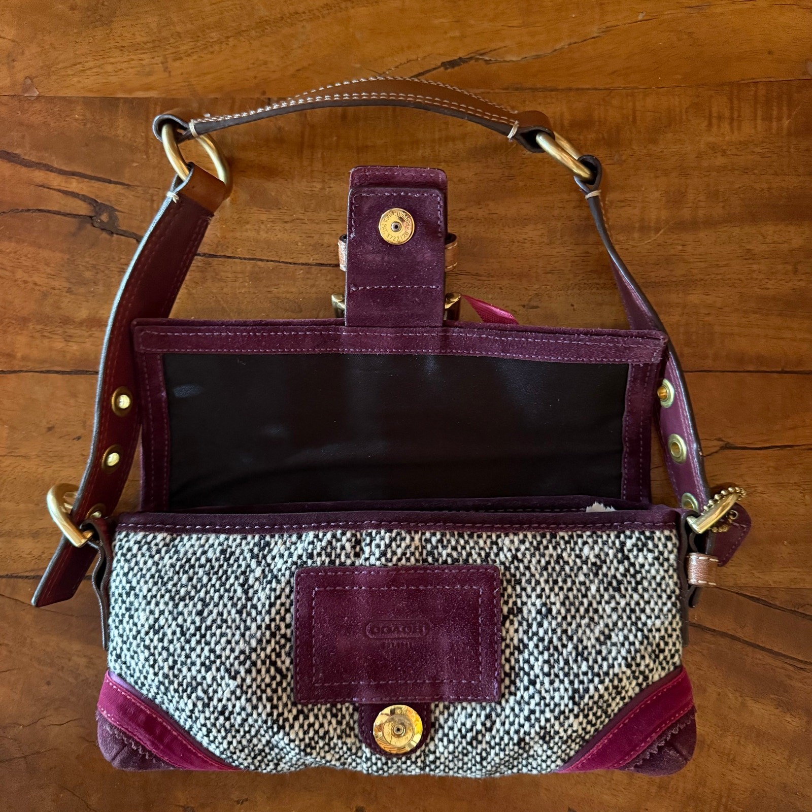 Vintage Coach Soho Tweed Demi Shoulder Bag Purple Suede Velvet Bow Y2K 8F01