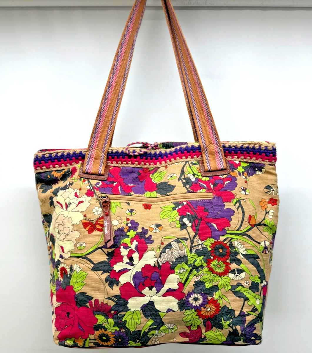 SAKROOTS Large Tote Colorful Jute Blend Fabric 2 Handles Butterfly Charm