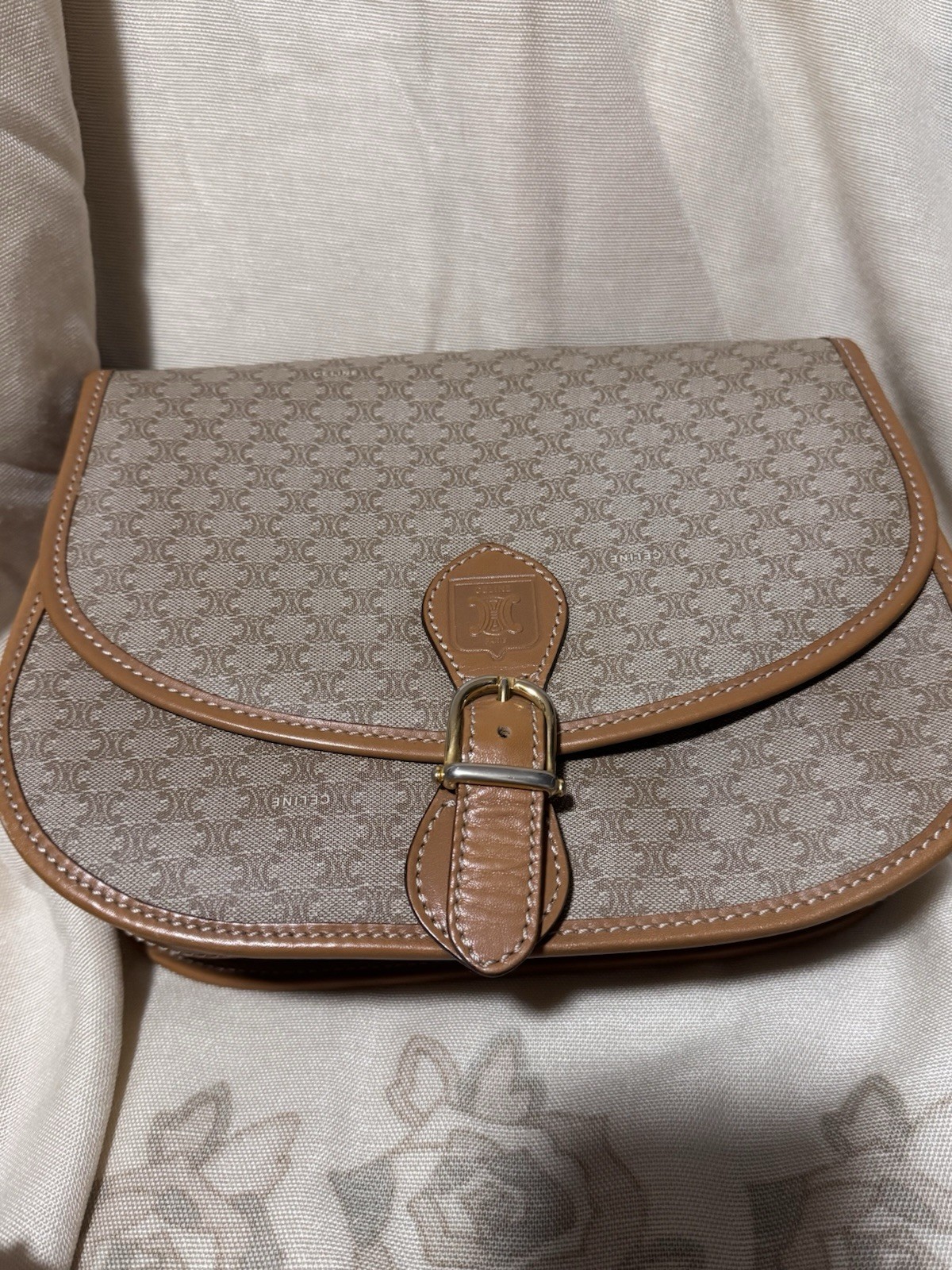 CELINE Triomphe Brown Shoulder Bag Logo Buckle Accent Gold Silver Hardware