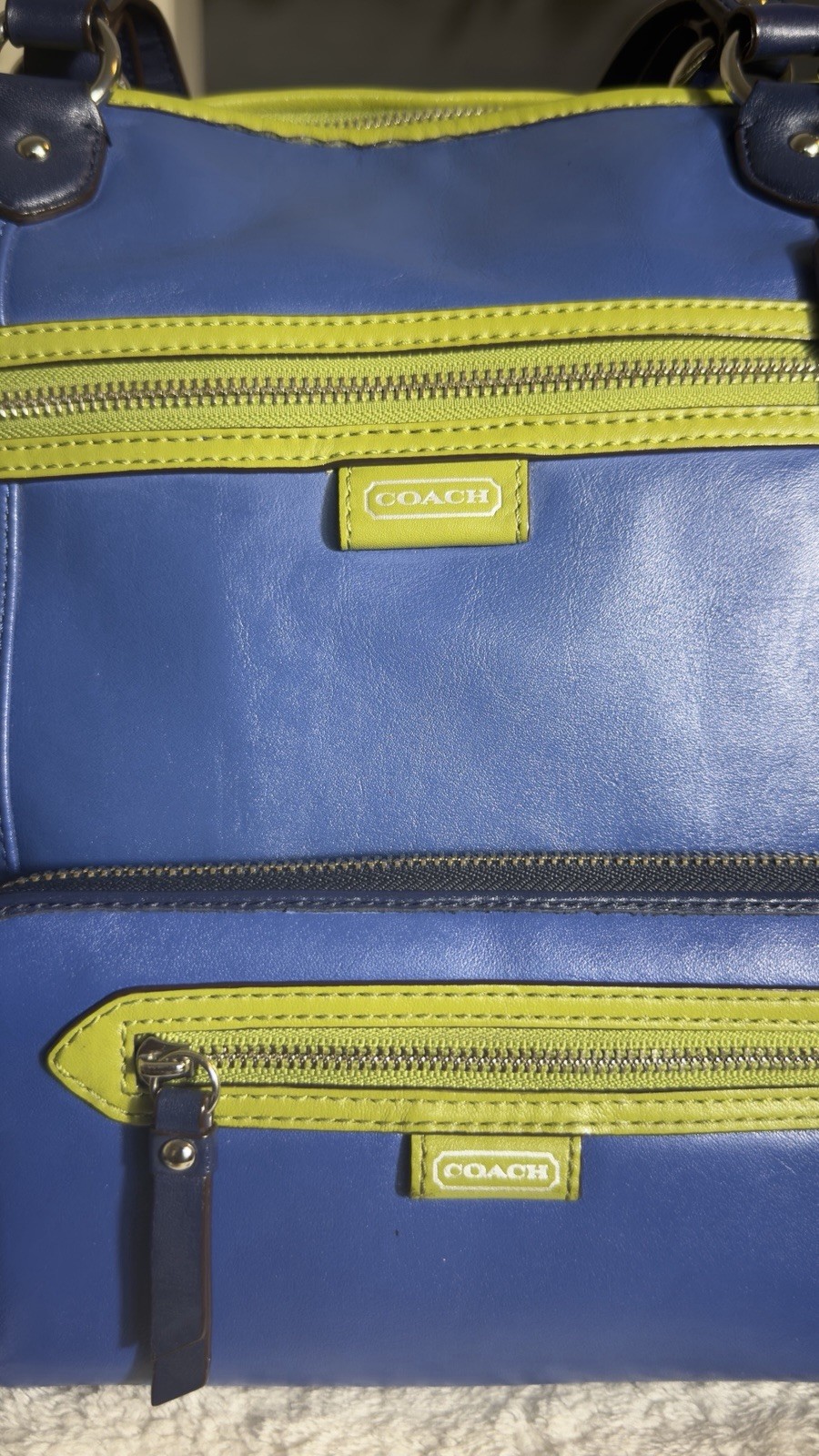 Coach Daisy Spectator Emma Tote Bag Wallet Set Blue Leather Lime Green F23922