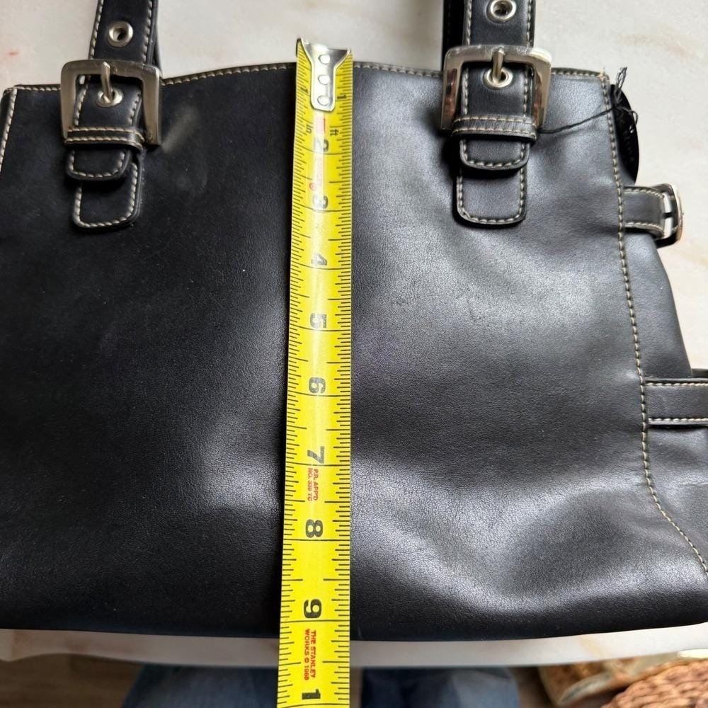 Y2K Nine West Black Shoulder Bag Purse Buckle Detail White Stitching Tote 2000s