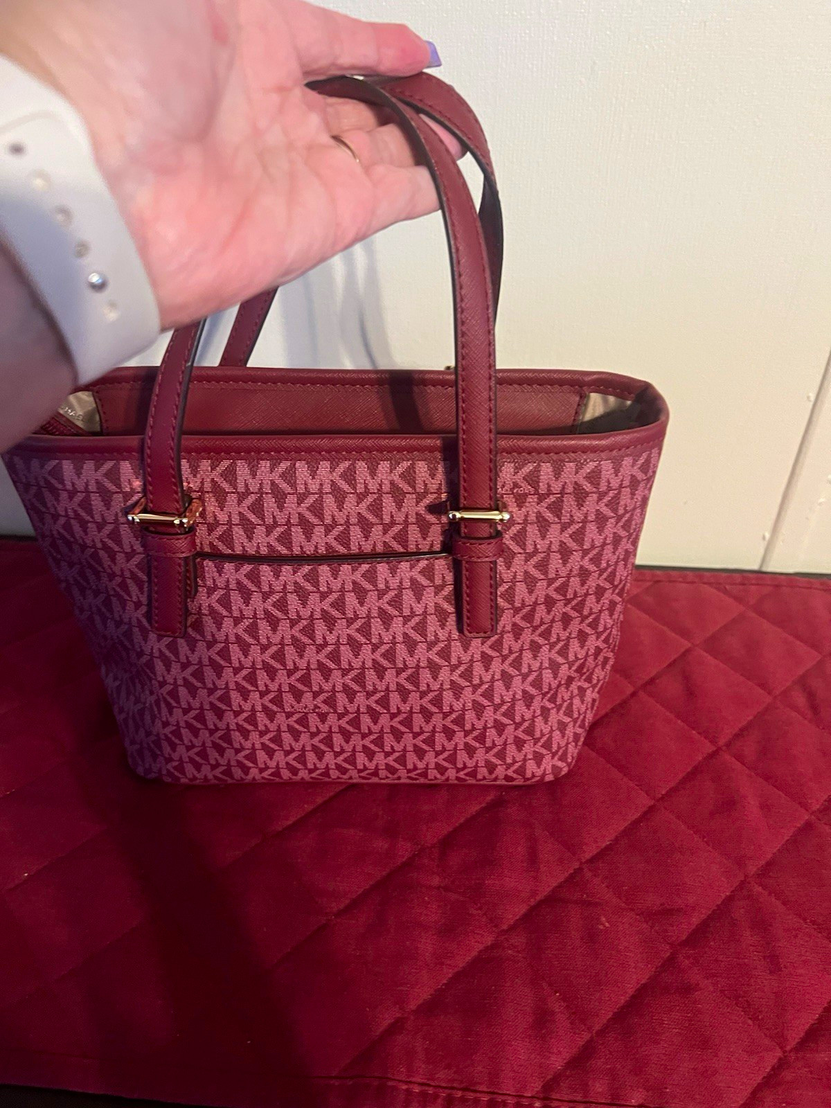 Michael Kors Signature MK Logo Zip Tote Burgundy Gold Hardware Double Handles