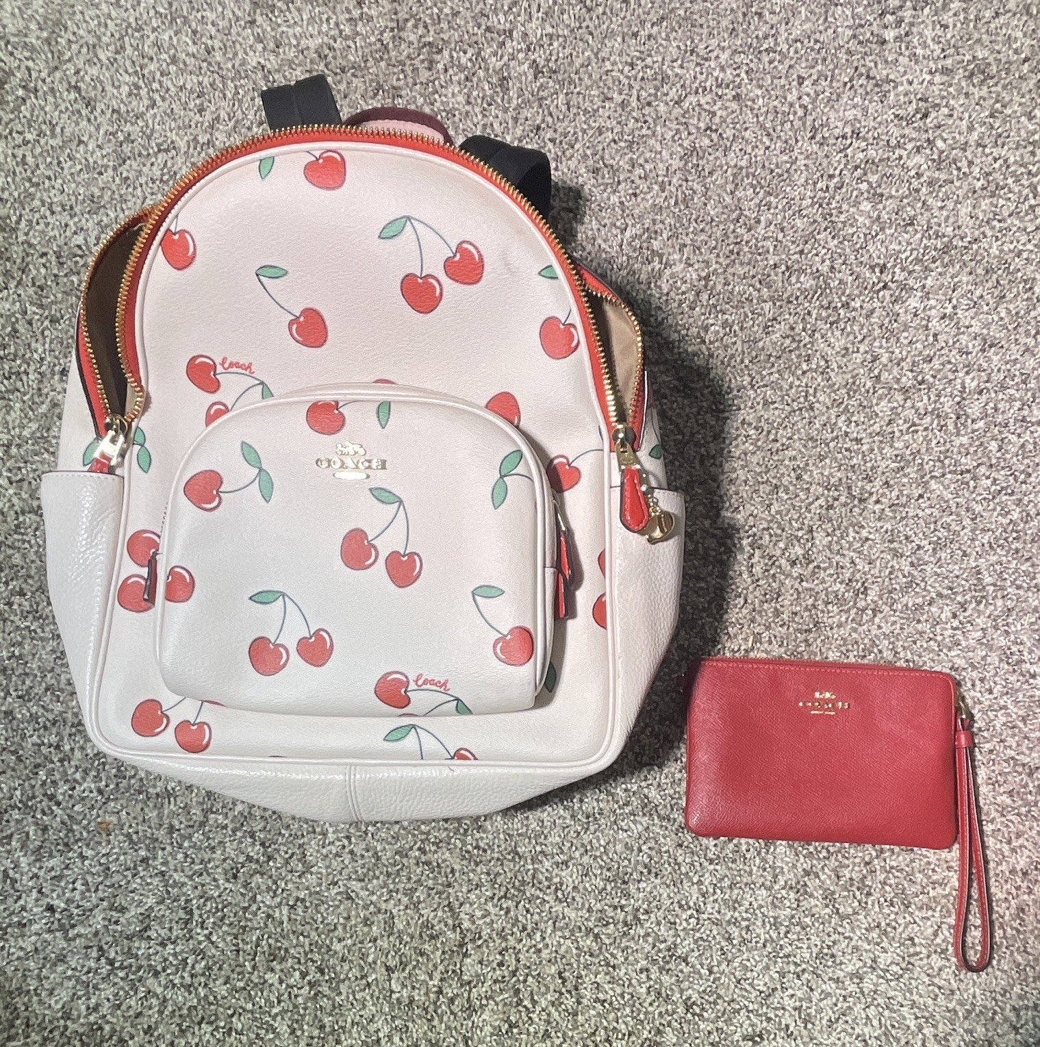 Coach Women’s White Cherry Print Backpack Zip Wristlet Pockets Gold Hardware