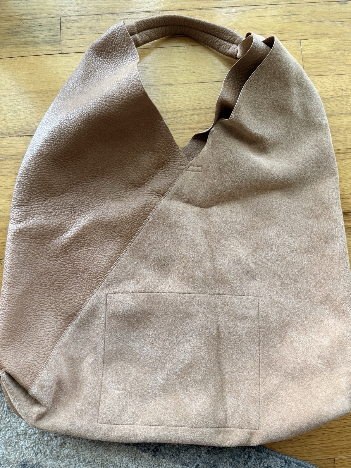 By Anthropologie Genuine Leather Slouch Hobo Tote Bag Taupe Mixed Leather Suede