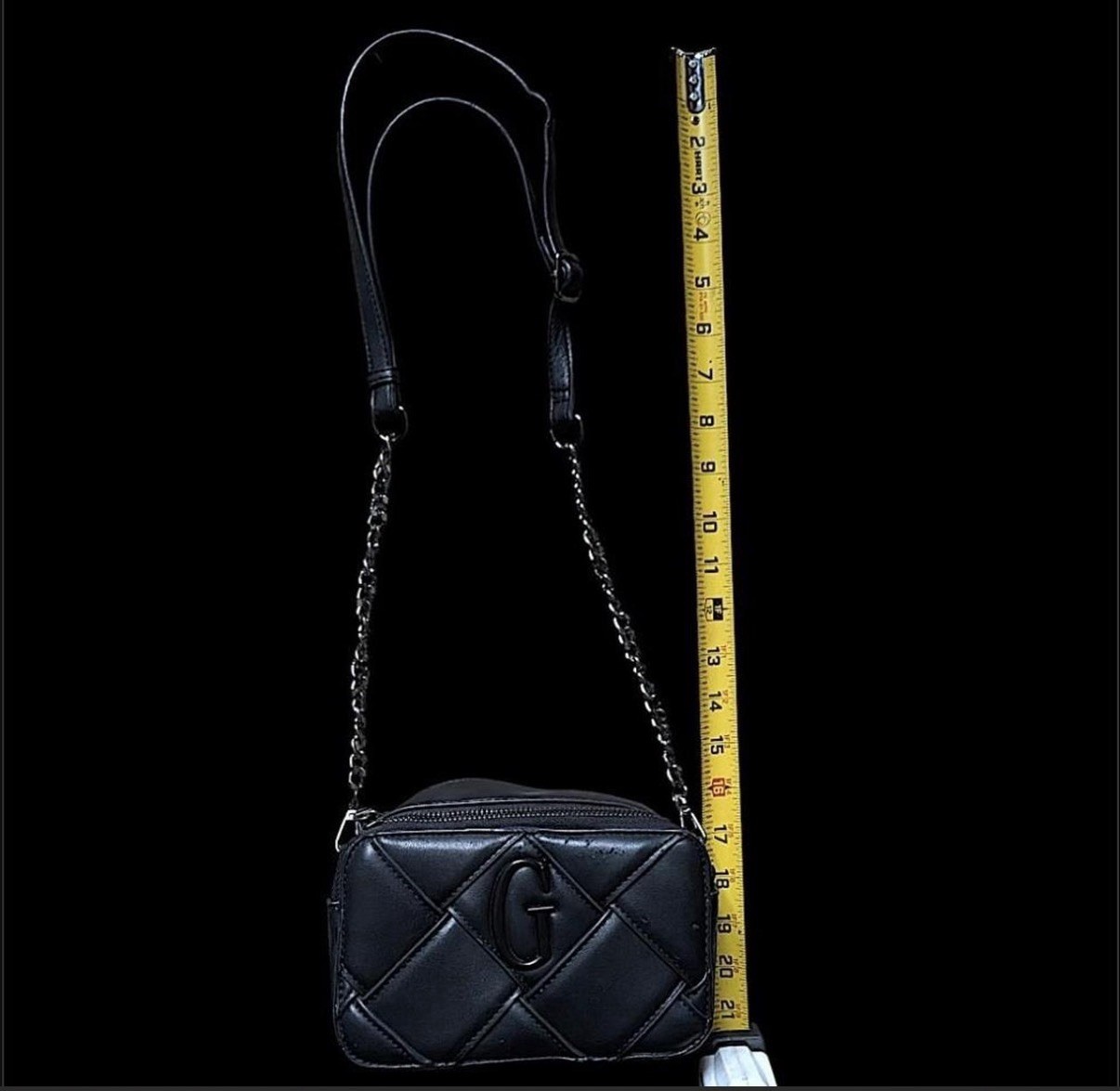 Small Black Quilted Logo Crossbody Bag w/ Chain Strap, Detachable Strap, Zipper
