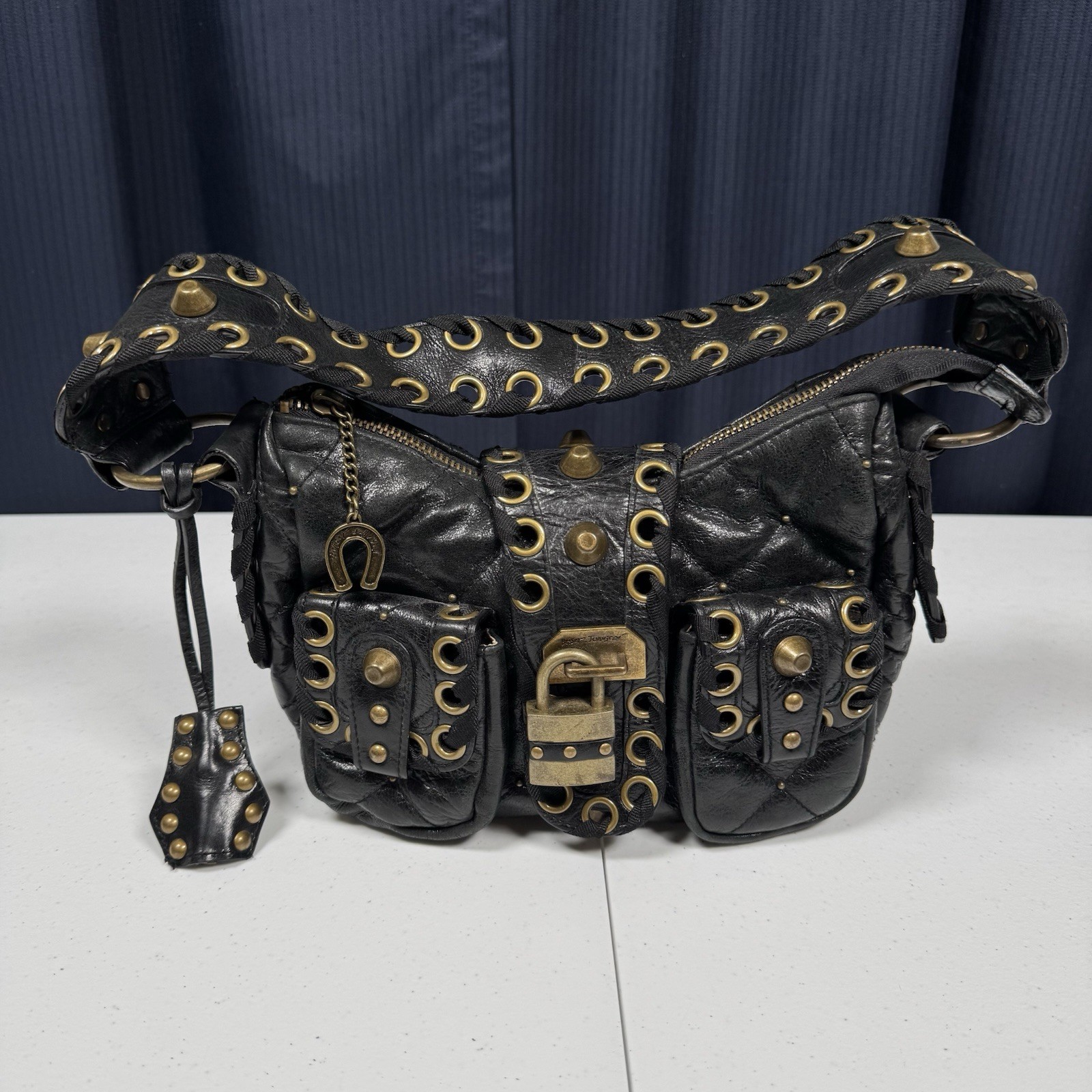 Vintage Y2K Betsey Johnson Black Studded Buckle Handbag Purse Leopard Lining