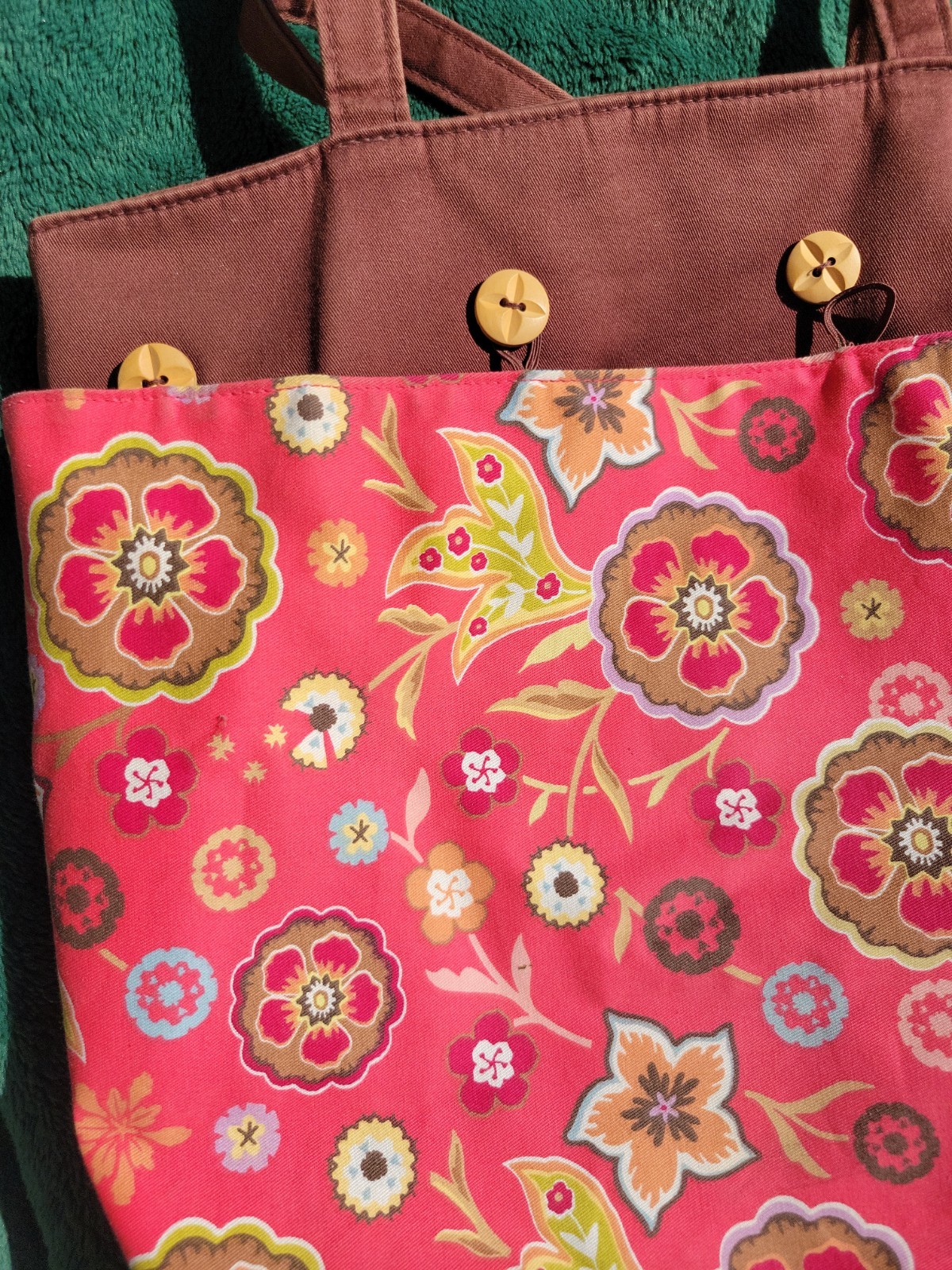Longaberger Pink and Brown Floral Bag with Decorative Buttons