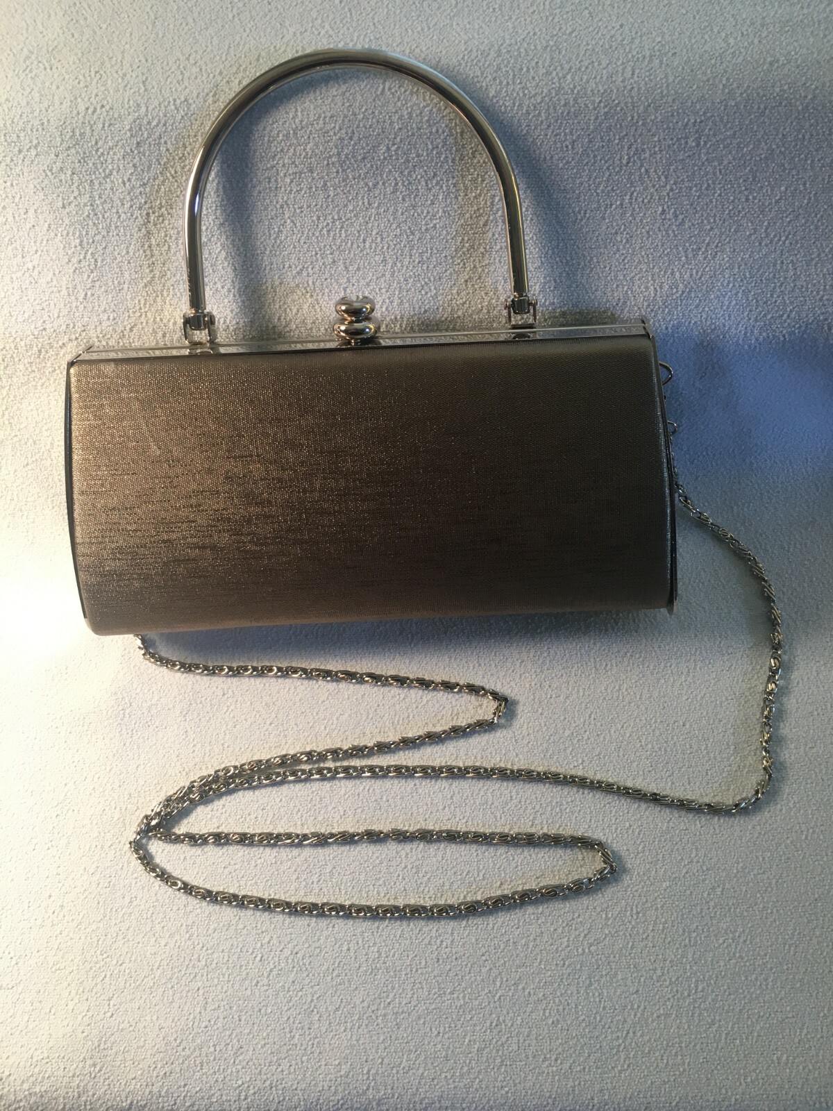 Sasha Gold Satin Silver-toned Metal Frame Evening Purse Bag Chain Strap VINTAGE