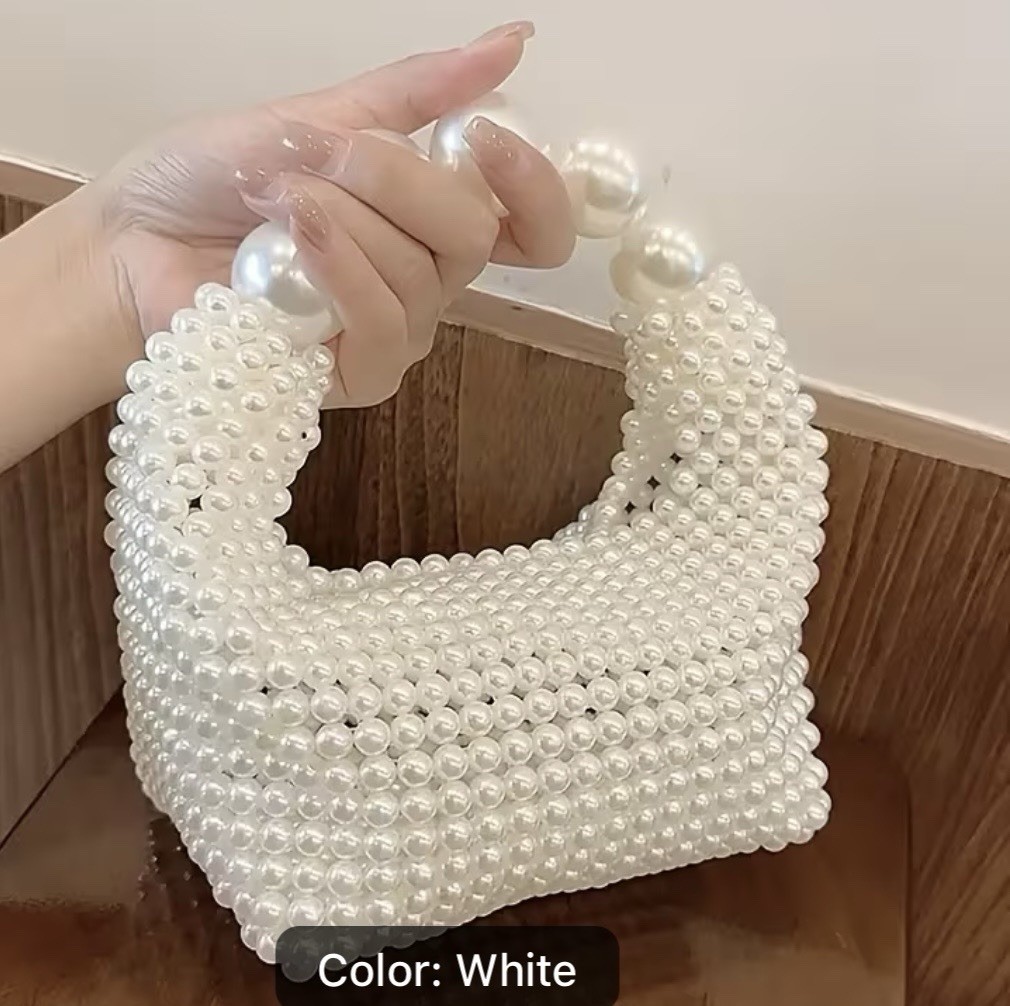 ELEGANT White Pearl Beaded Top Handle Bag, Solid Rectangle Handbag Purse NEW