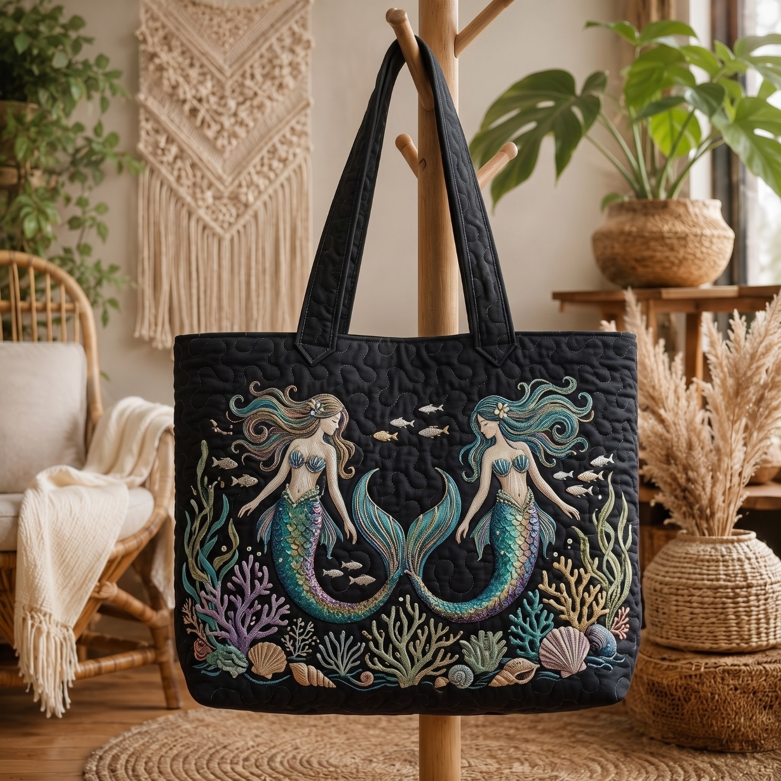 Mermaid Theme Quilted Tote Bag, Sea Life Embroidered Shoulder Bag, Beach Gift