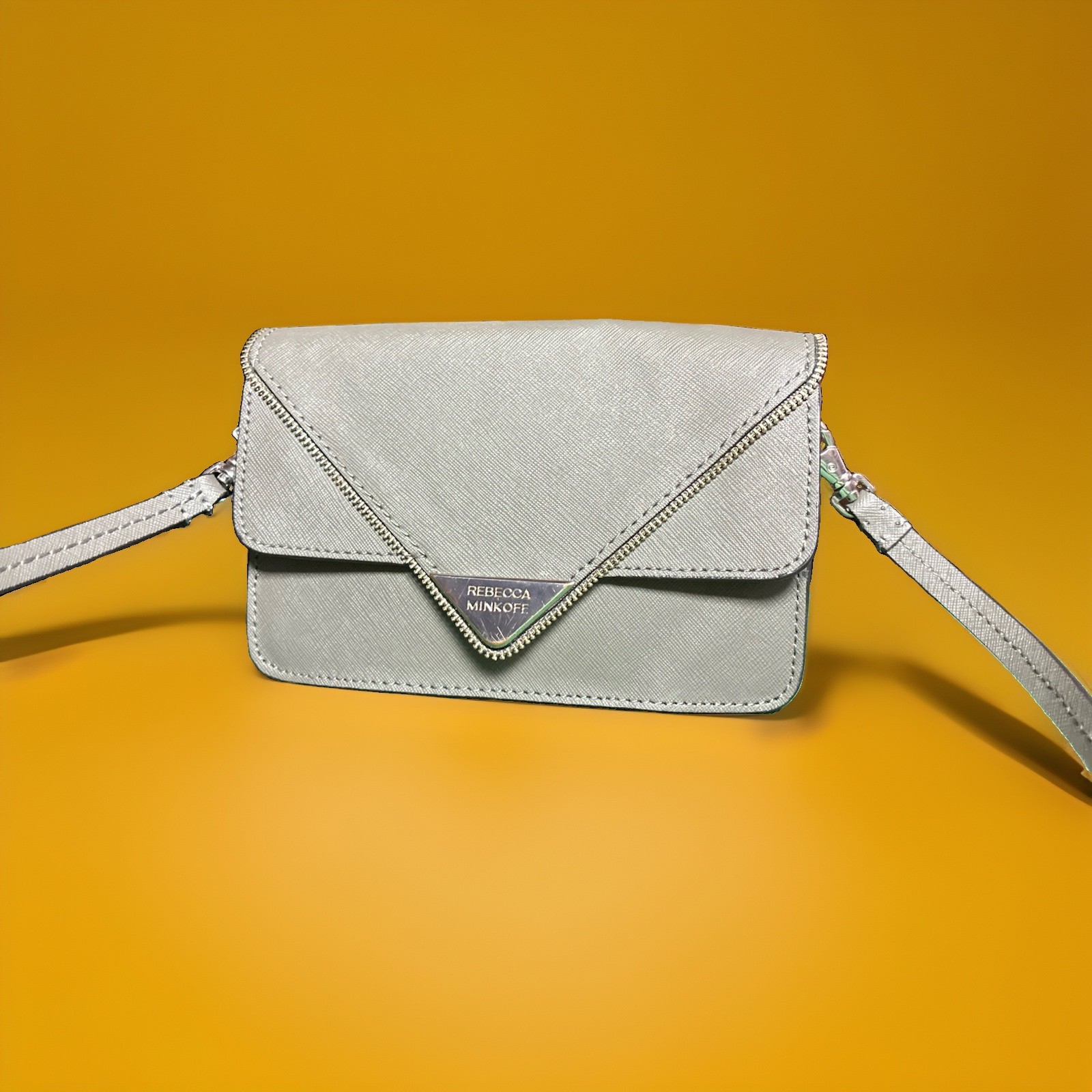Rebecca Minkoff Avery Envelope Crossbody Bag Metallic Silver Gray Leather Purse