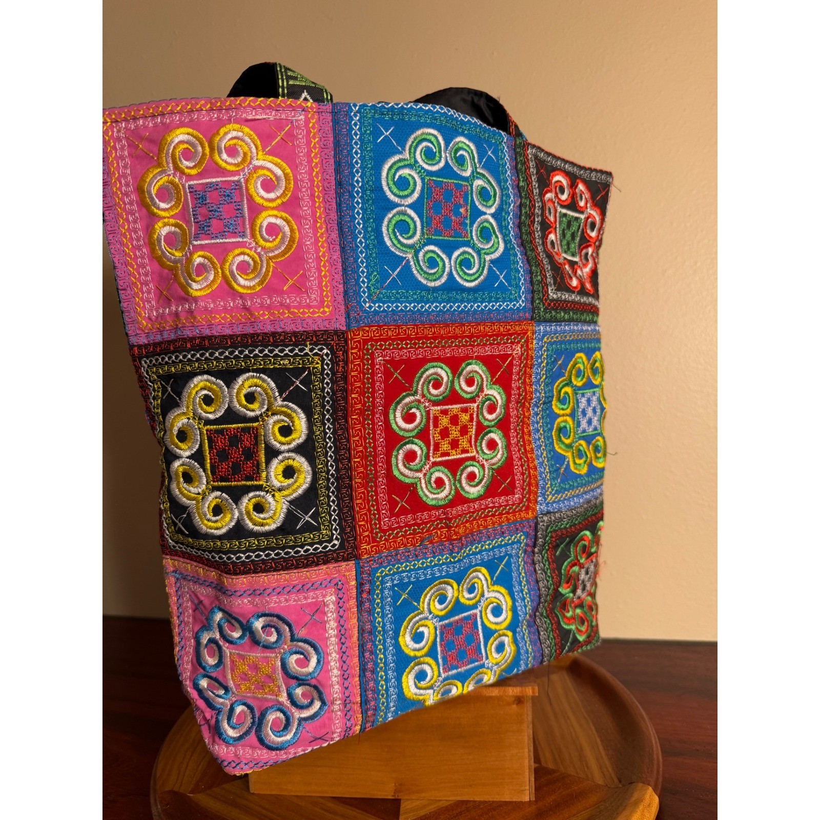 Hmong Embroidered Tote Bag Boho Patchwork Tribal Shoulder Bag Multi Color Zipper