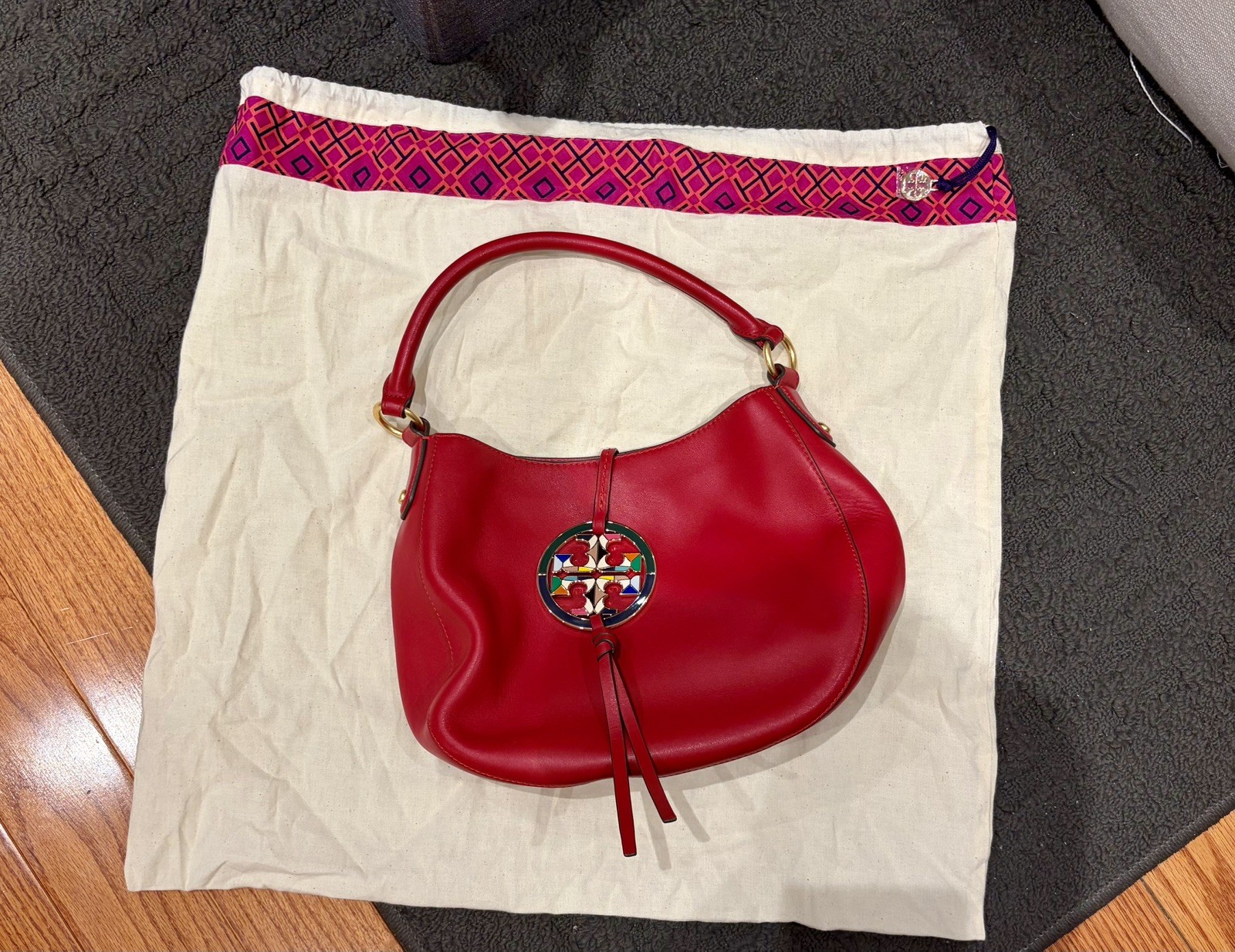 Tory Burch Red Leather Miller Hobo Bag with Multi Colour Logo Clasp