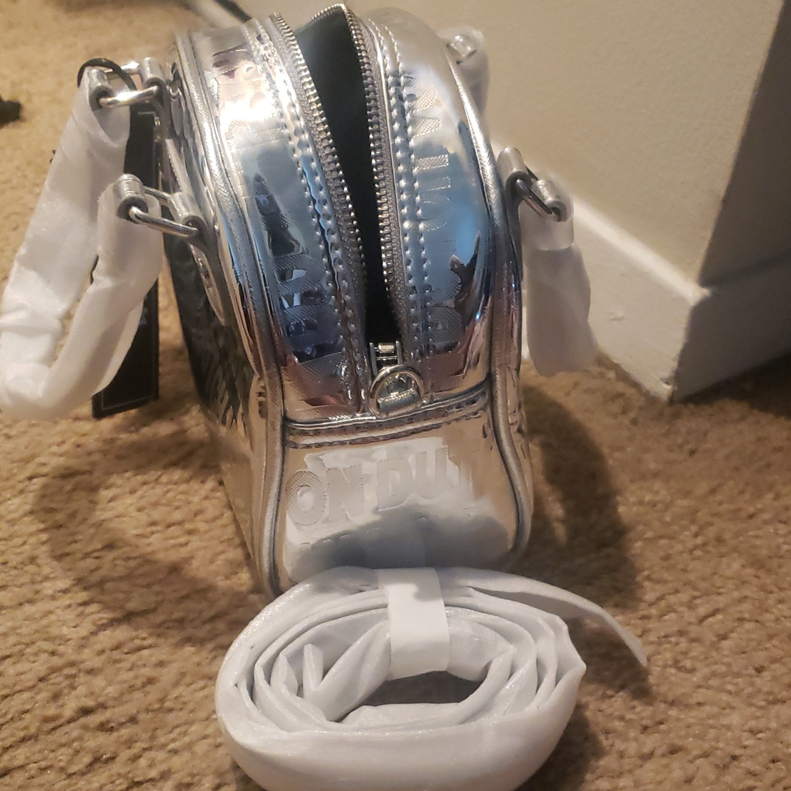 Von Dutch Silver Metallic Logo Small Dome Satchel Top Handle Zip Detach Strap