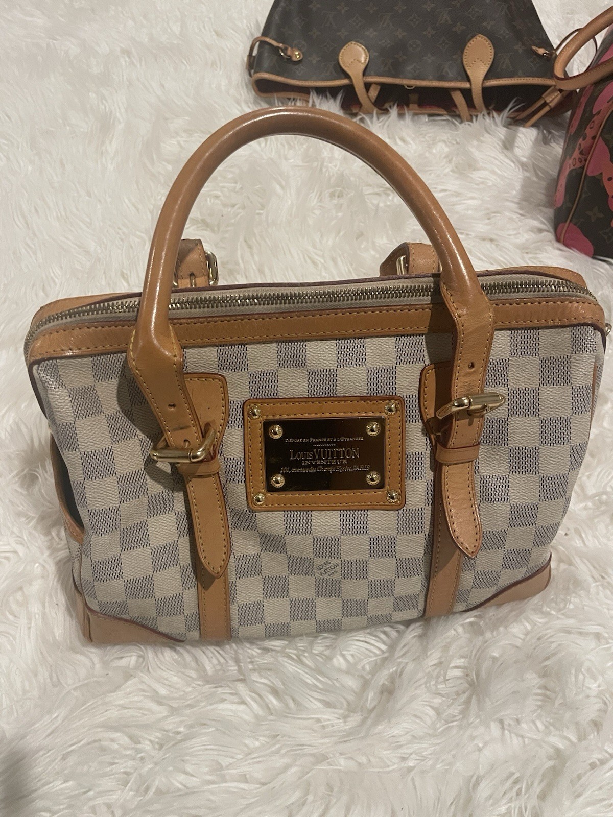 Louis Vuitton Damier Azur Checkered Beige/Brown Satchel Zip Tan Trim Gold