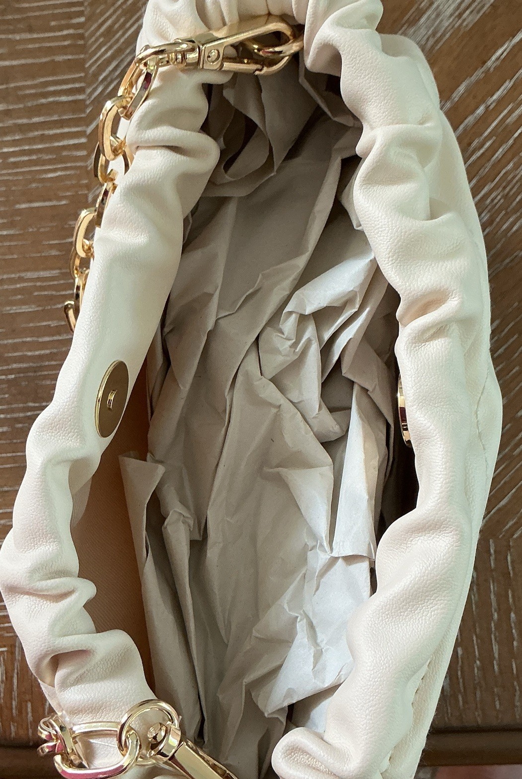 A New Day Ivory Drawstring Small Shoulder Bag Gold Chain Strap Convertible