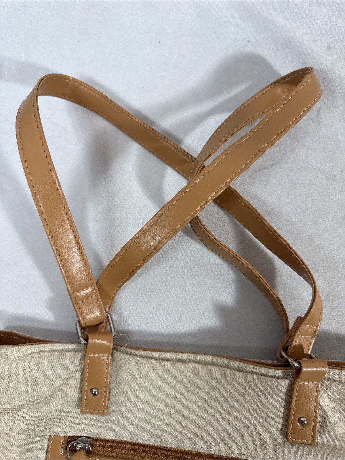 Stone Mountain Purse Beige Black Shoulder Straps Canvas 12” X 9”