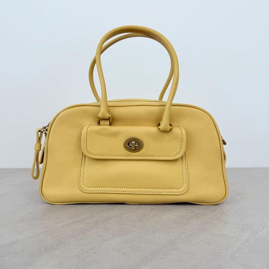 Coach Penelope Satchel Turn Lock Yellow Leather 2 Way Bag Auth