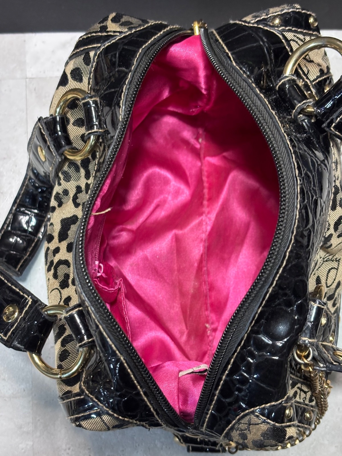 Authentic Baby Phat Feline Leopard Print Satchel Bag Y2K Cat Charm Purse