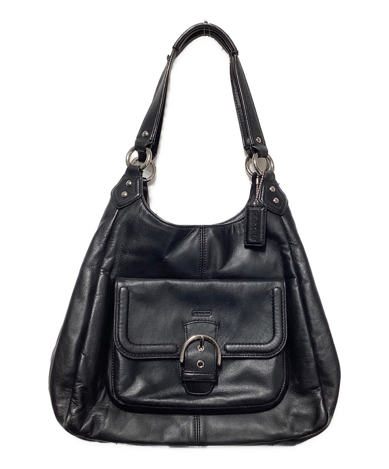COACH Black Leather Shoulder Bag F24686 Metal Buckle Hobo 1ex 5in Pockets Auth