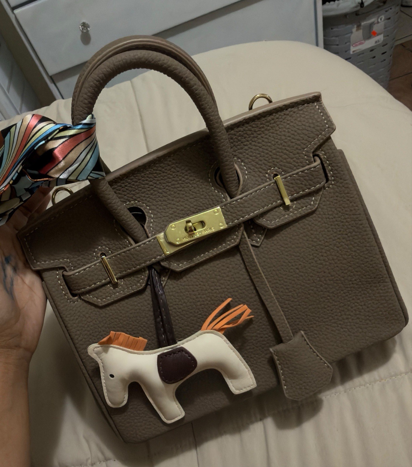Hermes Brown Small Top Handle Satchel, Gold Turn Lock, Horse Charm, Pockets
