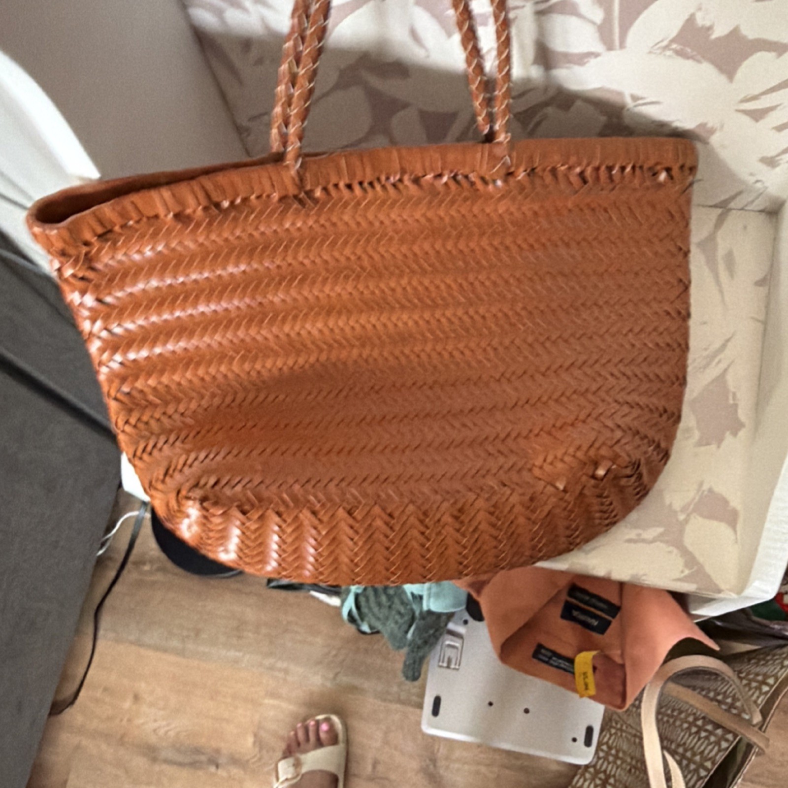 Aqua Tan Woven Tote Bag Large Double Handles Women’s Brand Card Accent