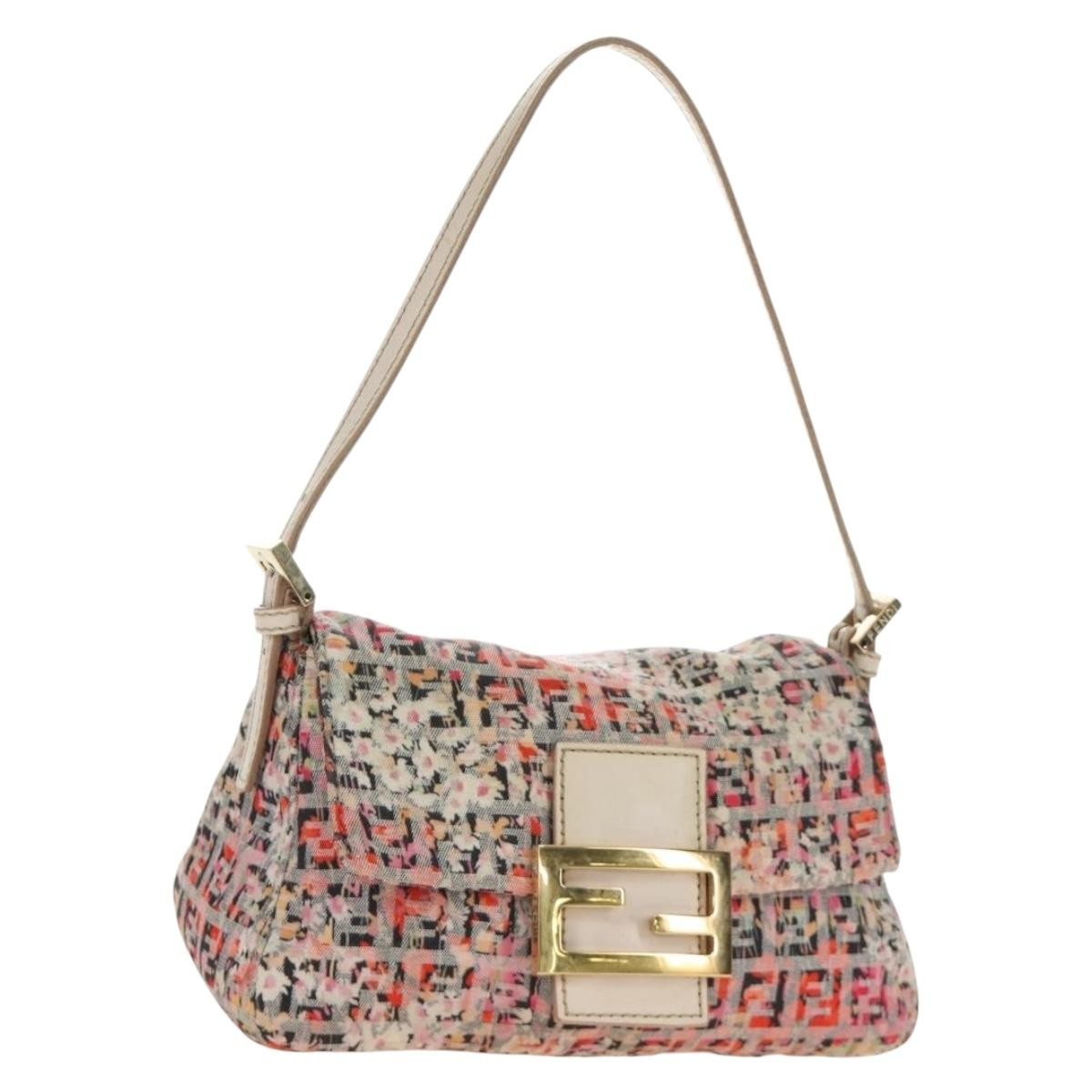 FENDI Zucchino Canvas Mamma Baguette Shoulder Bag Pink Gold Auth 165298SAV