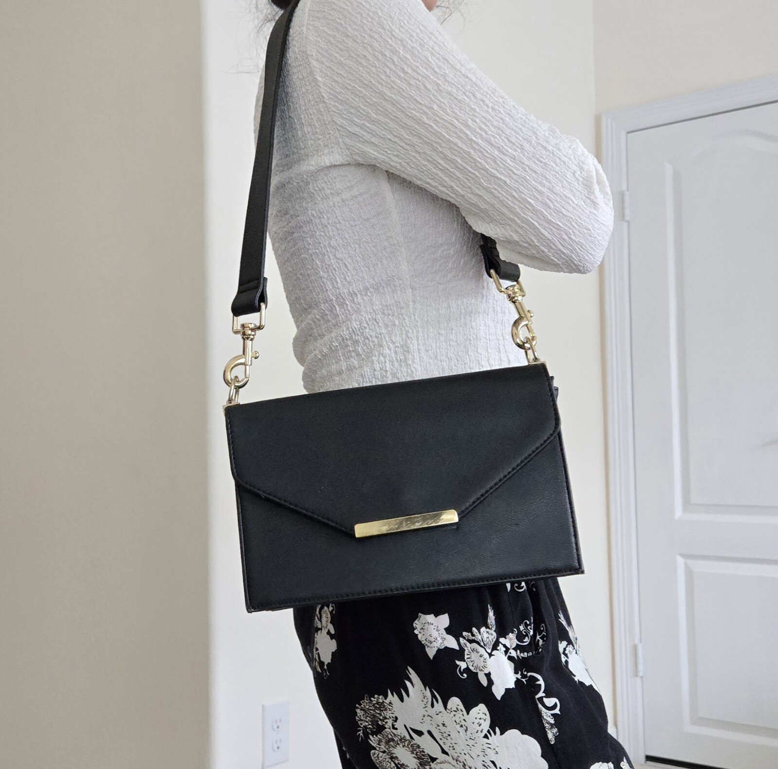 I.N.C Black and gold faux leather structured shoulder bag medium