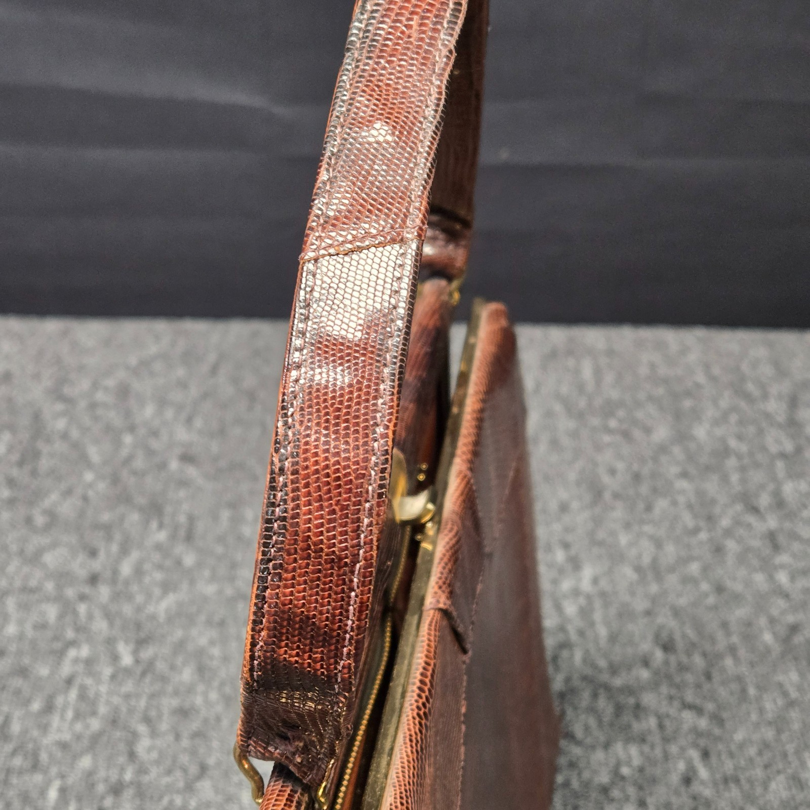 Vintage Escort Genuine Lizard Leather Frame Handbag Brown Satchel Purse VTG